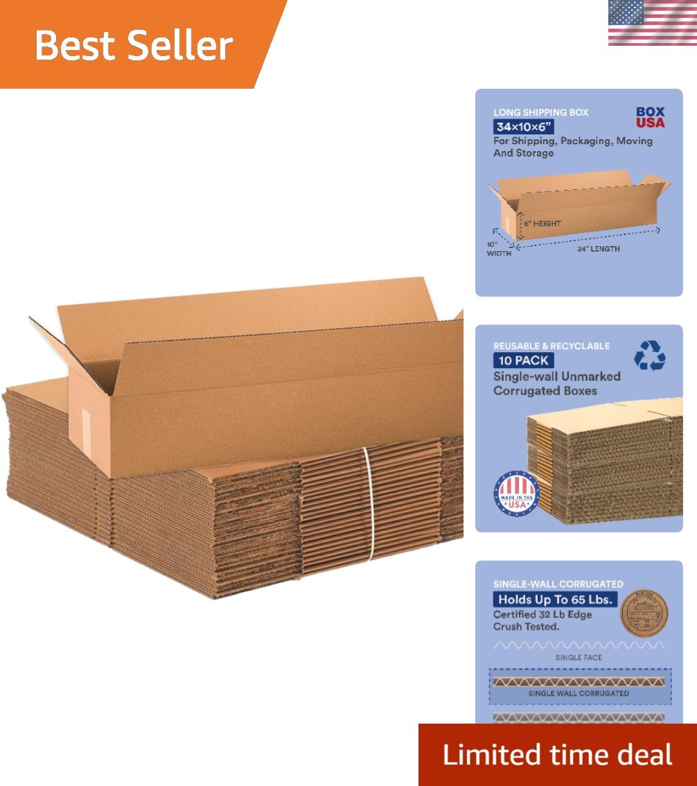 Versatile 10-Pack 34”L x 10”W x 6”H Shipping Boxes - Ideal for Moving & Packing Versatile 10-Pack 34”L x 10”W x 6”H Shipping Boxes - Ideal for Moving & Packing