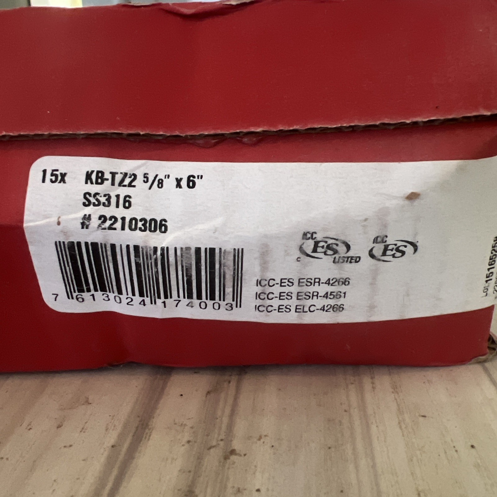 Box Of 15 HILTI KB-TZ2 SS316 Kwik Bolt 5/8” x 6” 2210306 Concrete Wedge Anchor