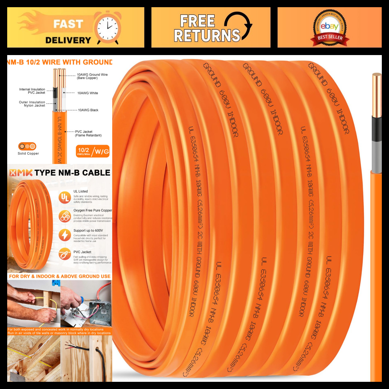 10 AWG 2 Conductor Wire with Ground - 100 ft Solid Copper Electrical Cable