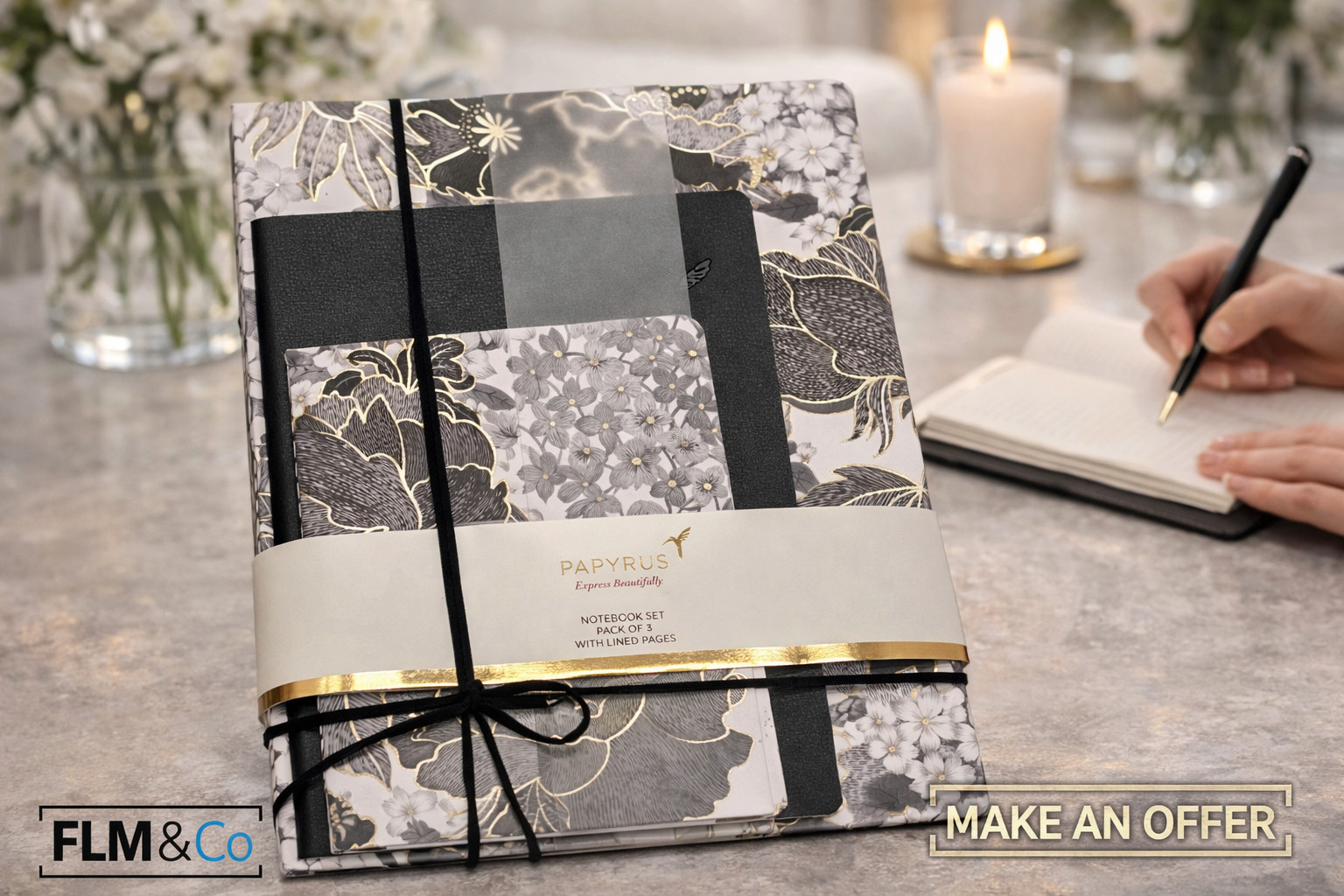 Papyrus Elegant Notebook Journal Set 3 Sizes Black White Gold Lined Gift Papyrus Elegant Notebook Journal Set 3 Sizes Black White Gold Lined Gift