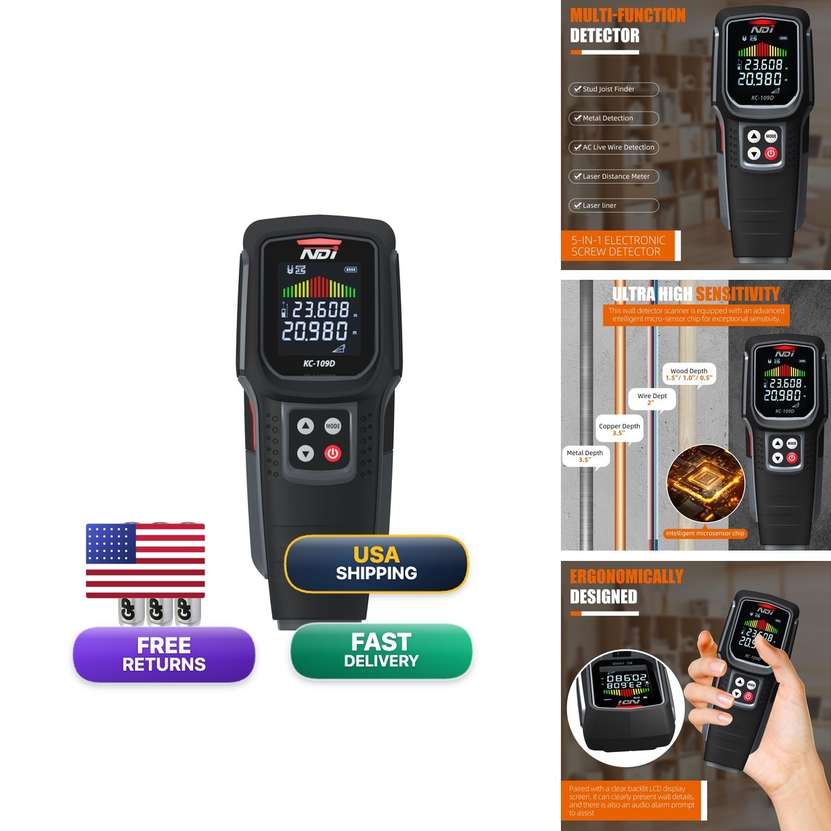 NDI ND109D Stud Finder Wall Scanner 5 in 1 LCD Display for Wood Metal AC Wire
