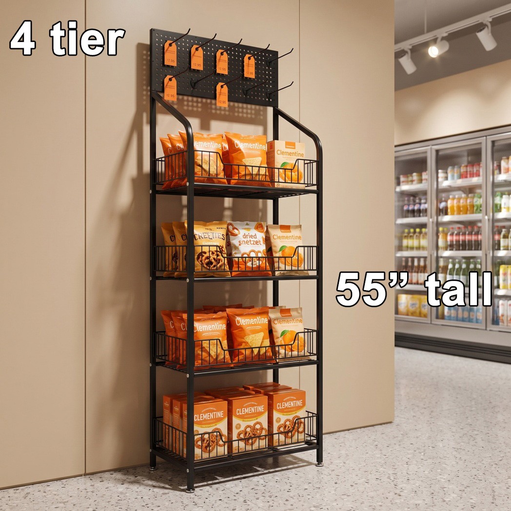 4 Tiers Retail Display Rack Snack Display Organizer Snack Rack Stand with Hooks 4 Tiers Retail Display Rack Snack Display Organizer Snack Rack Stand with Hooks