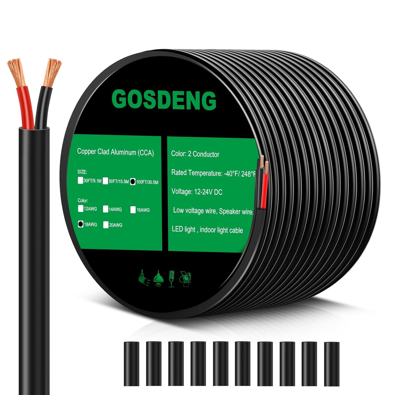 100FT 18 Gauge 2 Conductor Electrical Wire 18AWG Stranded PVC Cord 12V