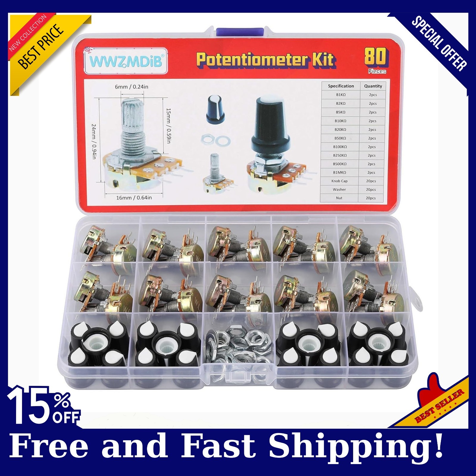80 Pcs Potentiometer Kit with Knobs B1K 2K 5K 10K 20K 50K 100K 250K 500K 1M Ohm 80 Pcs Potentiometer Kit with Knobs B1K 2K 5K 10K 20K 50K 100K 250K 500K 1M Ohm