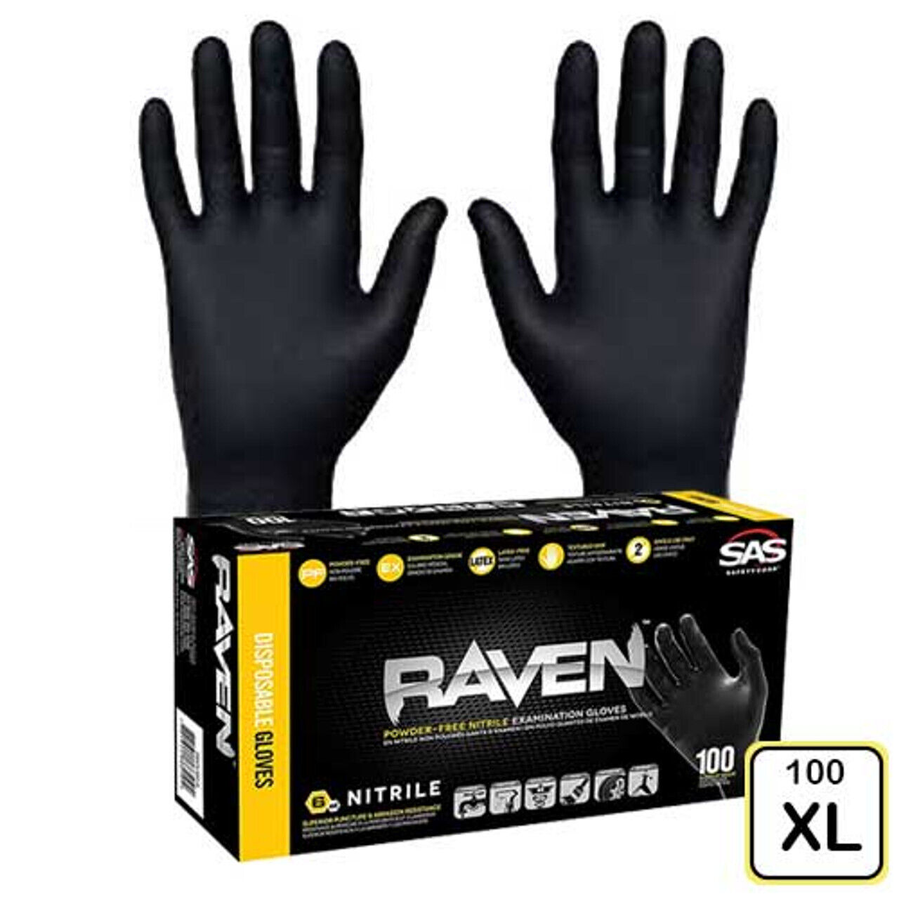 SAS RAVEN Black 7 MIL Powder & Latex Free Nitrile Disposable Gloves XLRG 100/BX