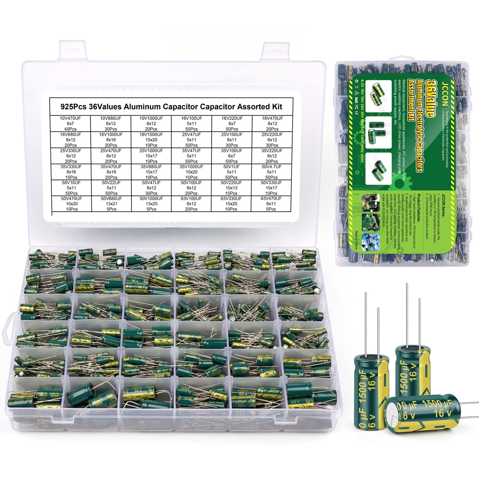 BEEYUIHF 925Pcs 36Values Aluminum Electrolytic Capacitor Assortment Kit Lowes...