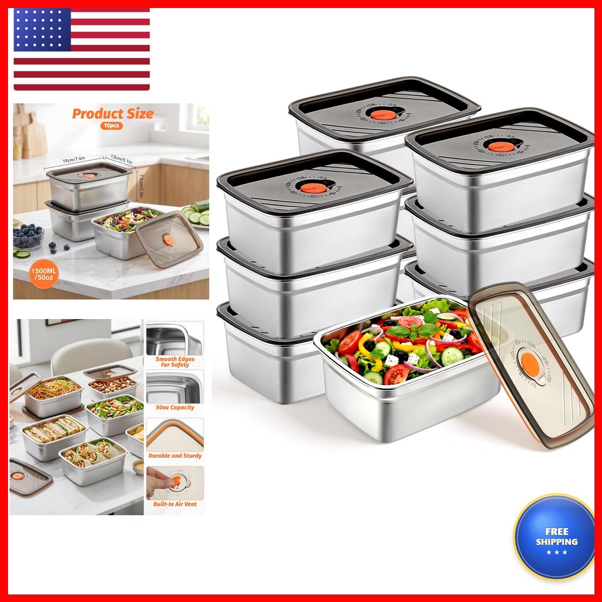 IANFAN 10 Pcs 50oz Stainless Steel Food Storage Containers with Lids