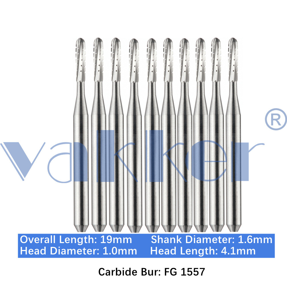 Vakker 10pc Dental Carbide Bur FG 1557 Straight Dome End Cross-Cut High Speed