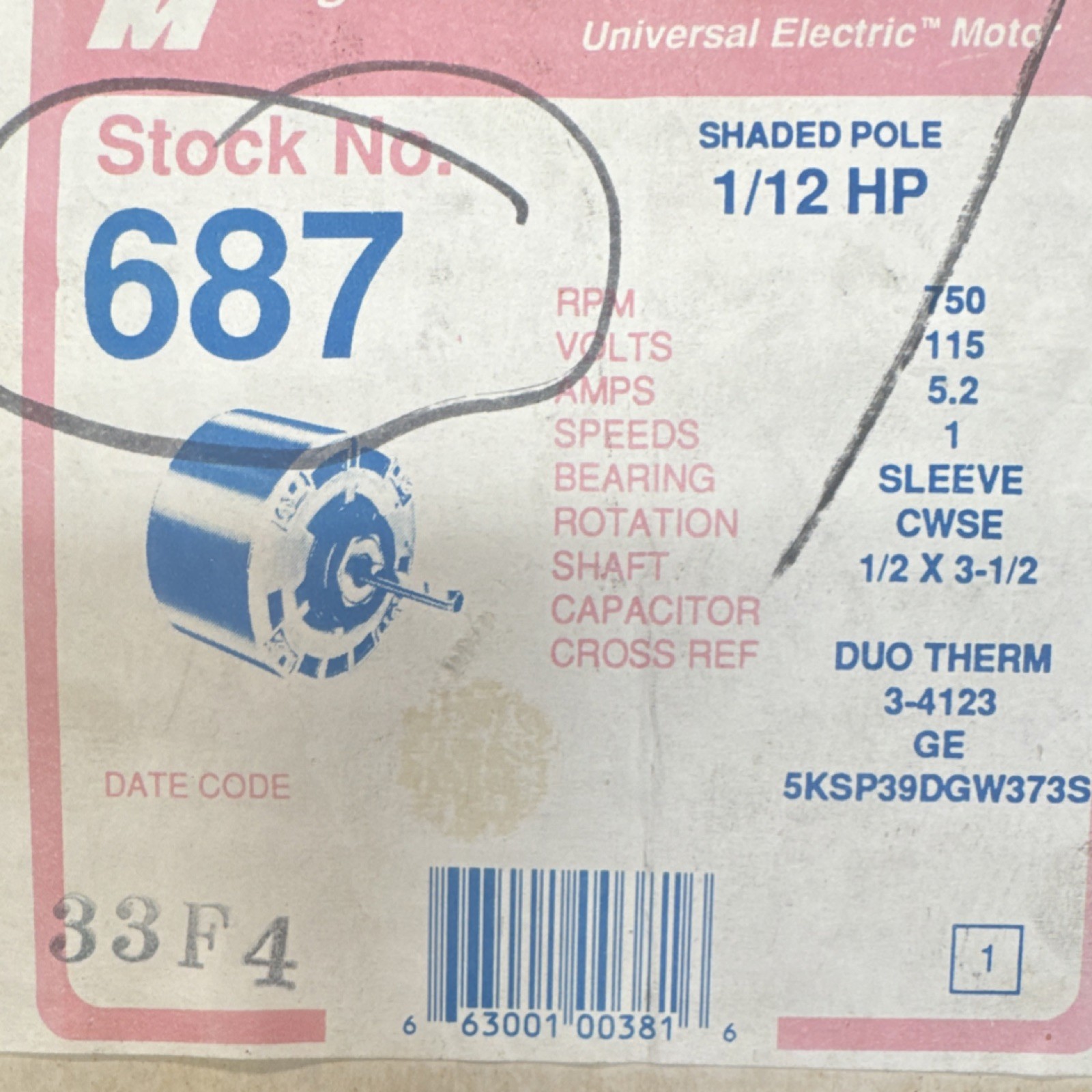 Magnetek 687 Shaded Pole Motor 1/12 HP 115V 5.2A Thermally Protected Metal