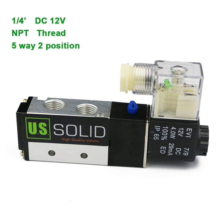 U.S. Solid Pneumatic Solenoid Valve 5 way 2 Position 1/4 in DC 12V Junction Box U.S. Solid Pneumatic Solenoid Valve 5 way 2 Position 1/4 in DC 12V Junction Box