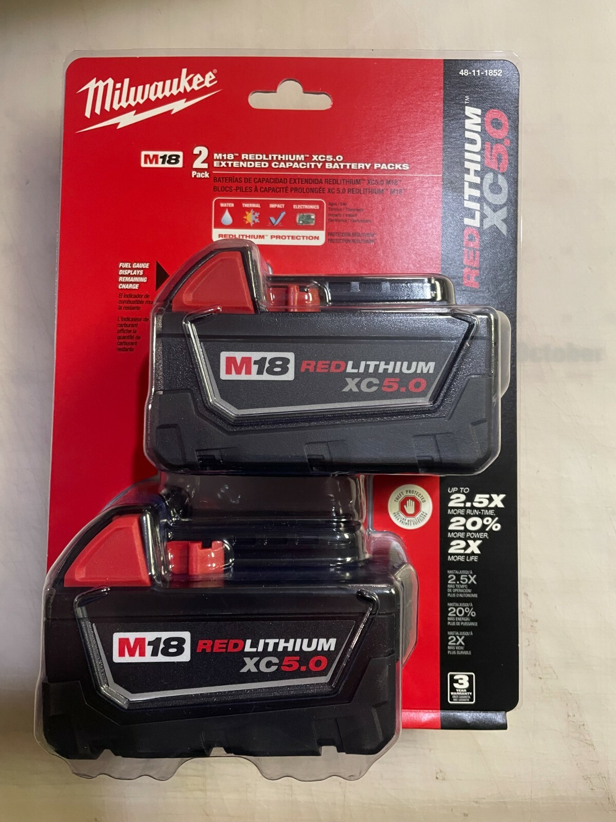 2 Pack Genuine Milwaukee M18 XC 5 amp 18V Lithium Battery 48-11-1850 48-11-1852 2 Pack Genuine Milwaukee M18 XC 5 amp 18V Lithium Battery 48-11-1850 48-11-1852