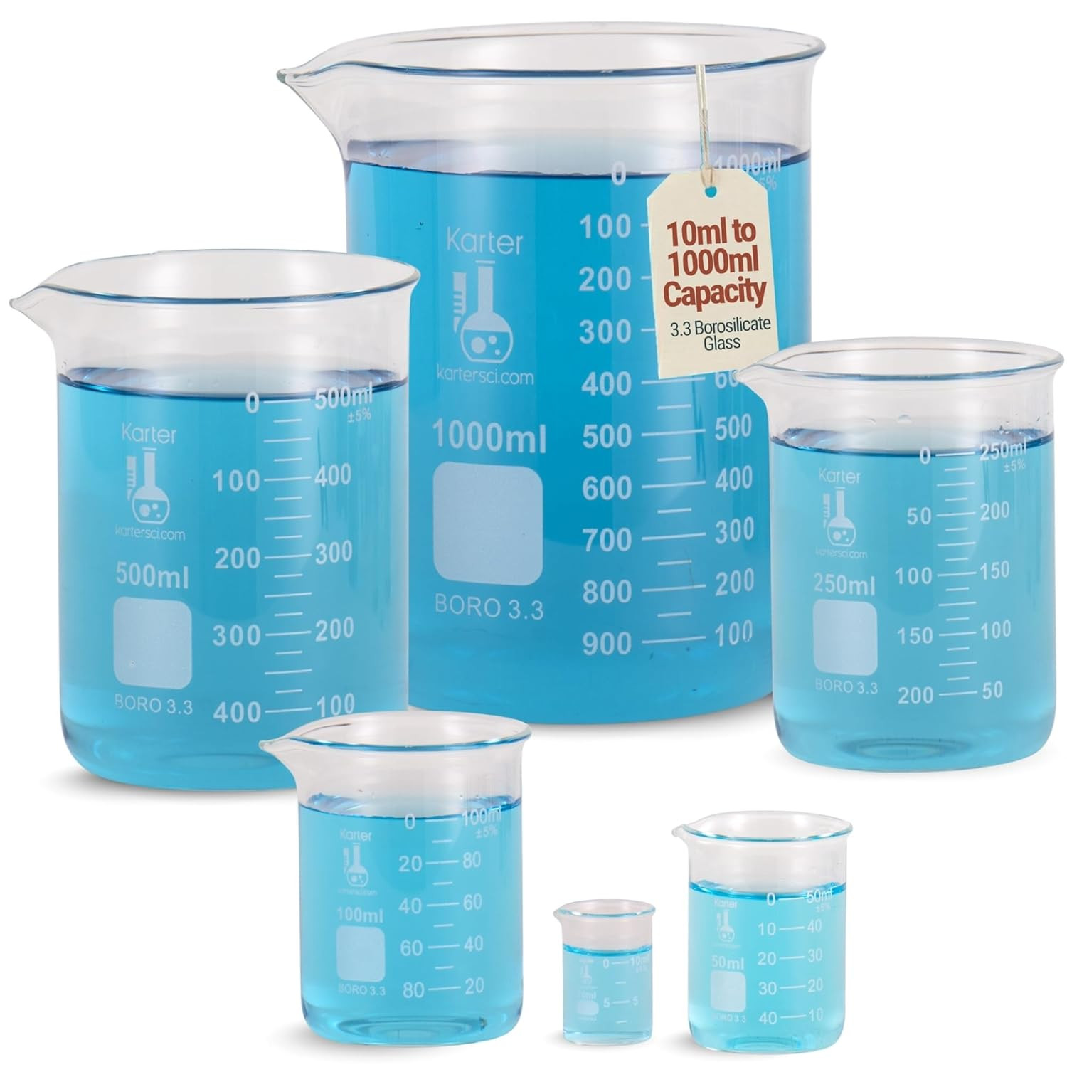 Karter Scientific, 3.3 Boro, Griffin Low Form, Glass Beaker Set - 6 Sizes - 10Ml Karter Scientific, 3.3 Boro, Griffin Low Form, Glass Beaker Set - 6 Sizes - 10Ml