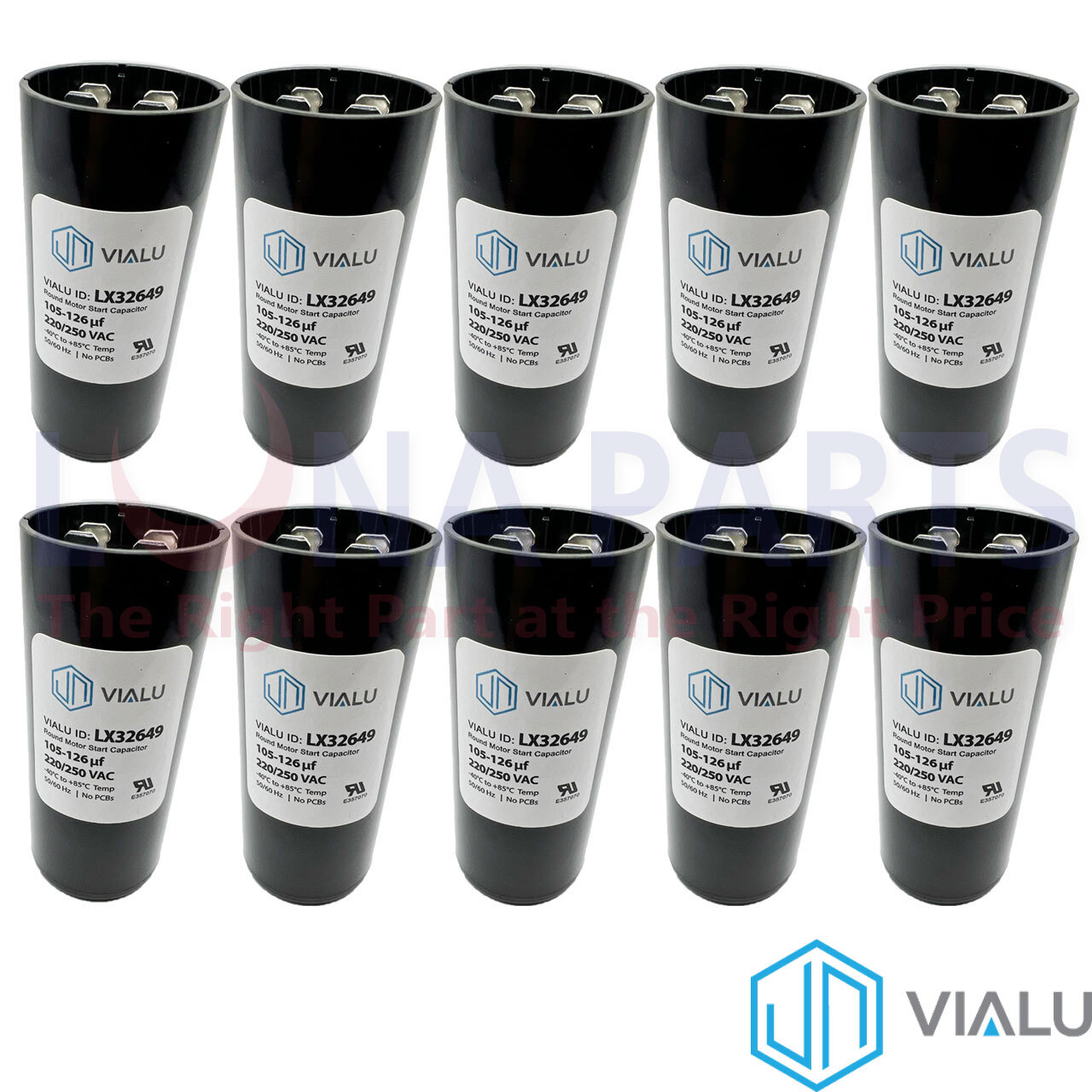 Pack of 10 - VIALU - 105-126 uf/MFD 220-250 VAC Round Start Capacitor 50/60 Hz Pack of 10 - VIALU - 105-126 uf/MFD 220-250 VAC Round Start Capacitor 50/60 Hz