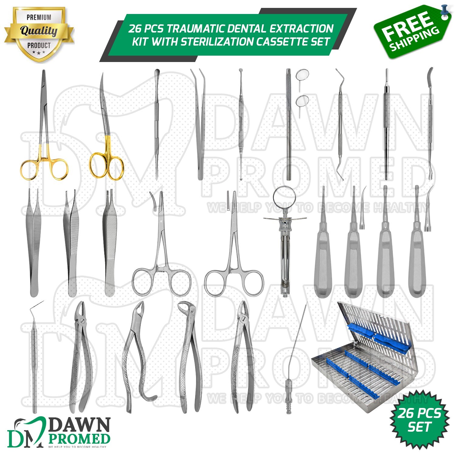 26 Pcs Traumatic Dental Extraction Kit With Sterilization Cassette German Grade 26 Pcs Traumatic Dental Extraction Kit With Sterilization Cassette German Grade