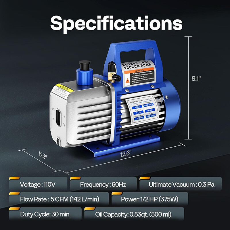 1/2 HP 5 CFM Vacuum Pump Air Conditioning Vacuum Pump 2 Stage Rotary Vane HVAC 1/2 HP 5 CFM Vacuum Pump Air Conditioning Vacuum Pump 2 Stage Rotary Vane HVAC