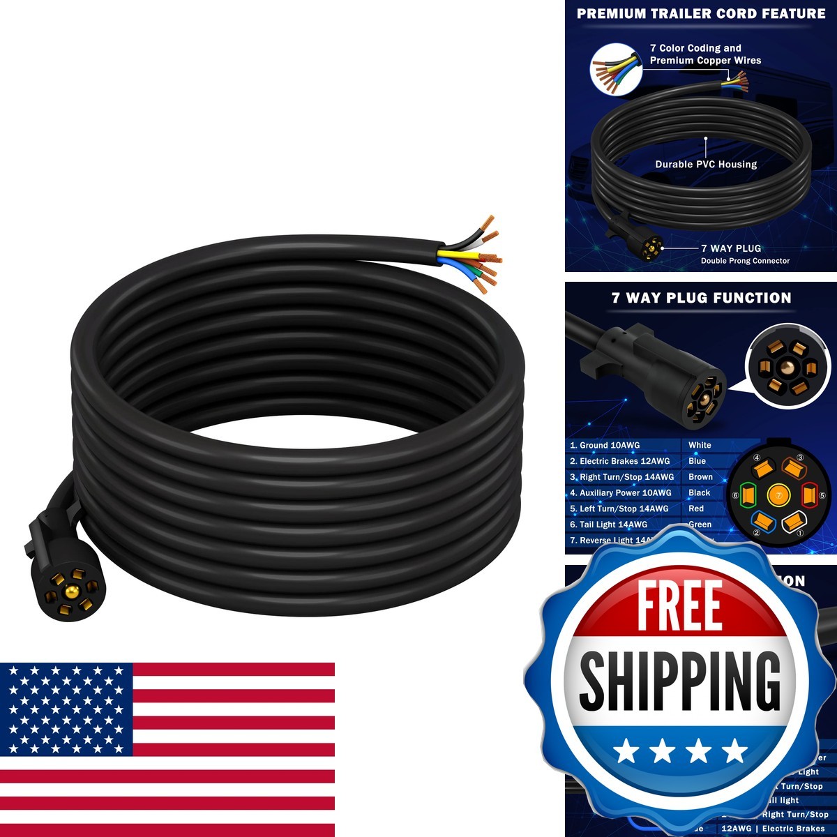 CheeMuii 15FT 7 Pin Trailer Wiring Harness Kit 7 Way Cord DL024