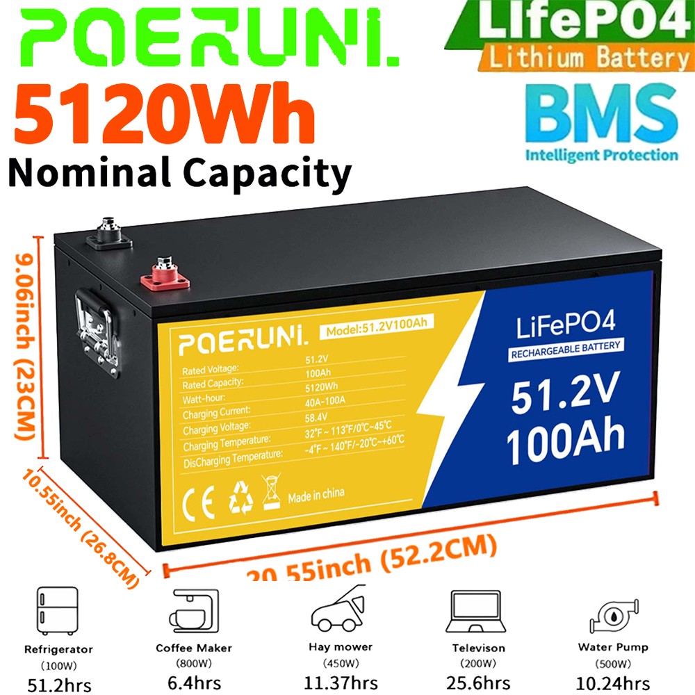 POERUNI 51.2V/48V 100Ah LiFePO4 Lithium-ion Battery Built-in BMS Deep Cycles new