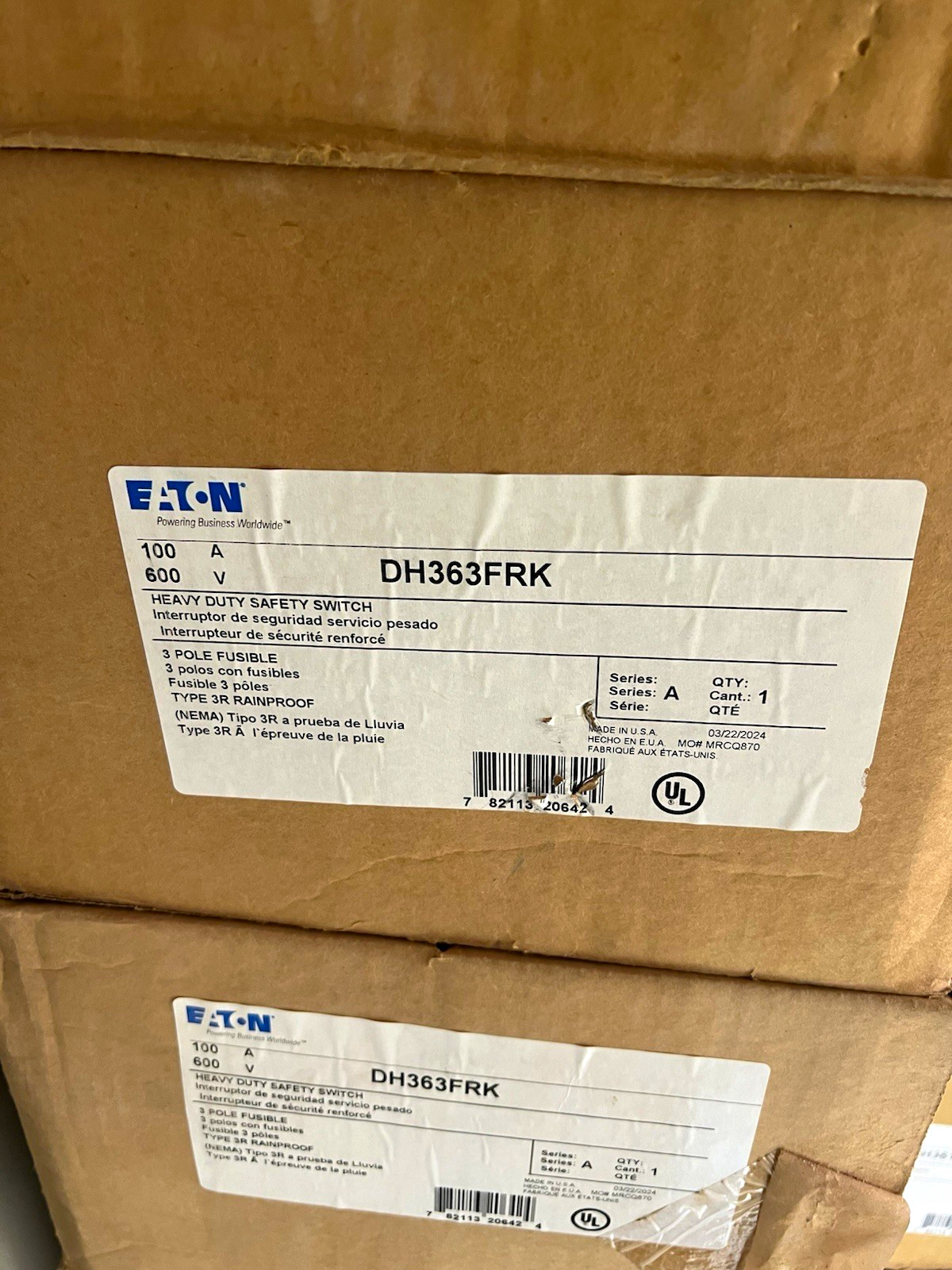 Eaton Heavy Duty Safety Switch 100A 600V 3 Pole Fusible Rainproof DH363FRK