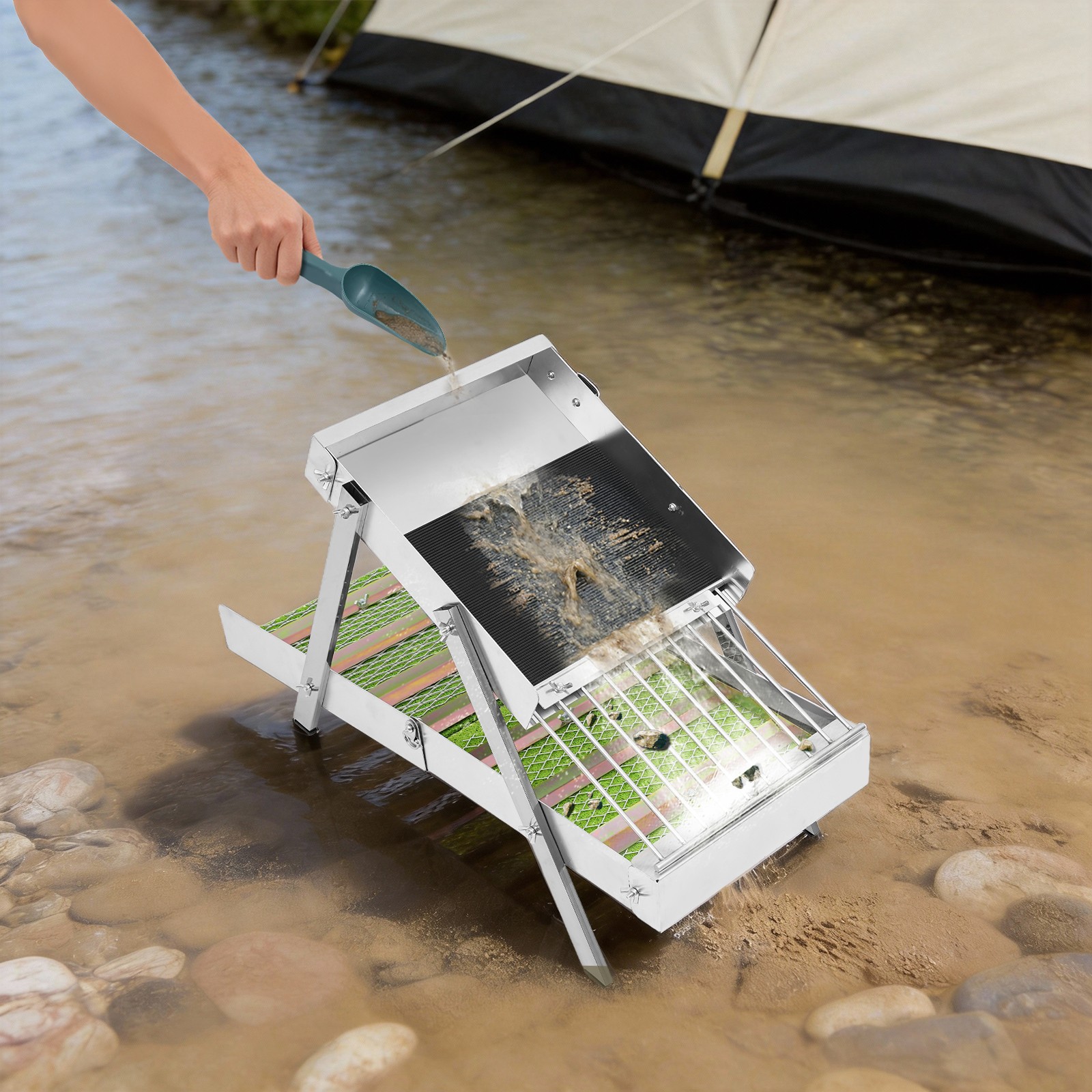 Complete Gold Panning Kit 34Pcs Folding Sluice Box Prospecting Backpack Set