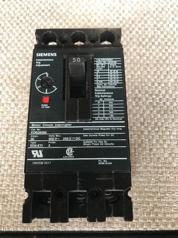 ITE Siemens ED ED63A050L 50 amp 3 pole Circuit Breaker Black LABEL New No Box ITE Siemens ED ED63A050L 50 amp 3 pole Circuit Breaker Black LABEL New No Box