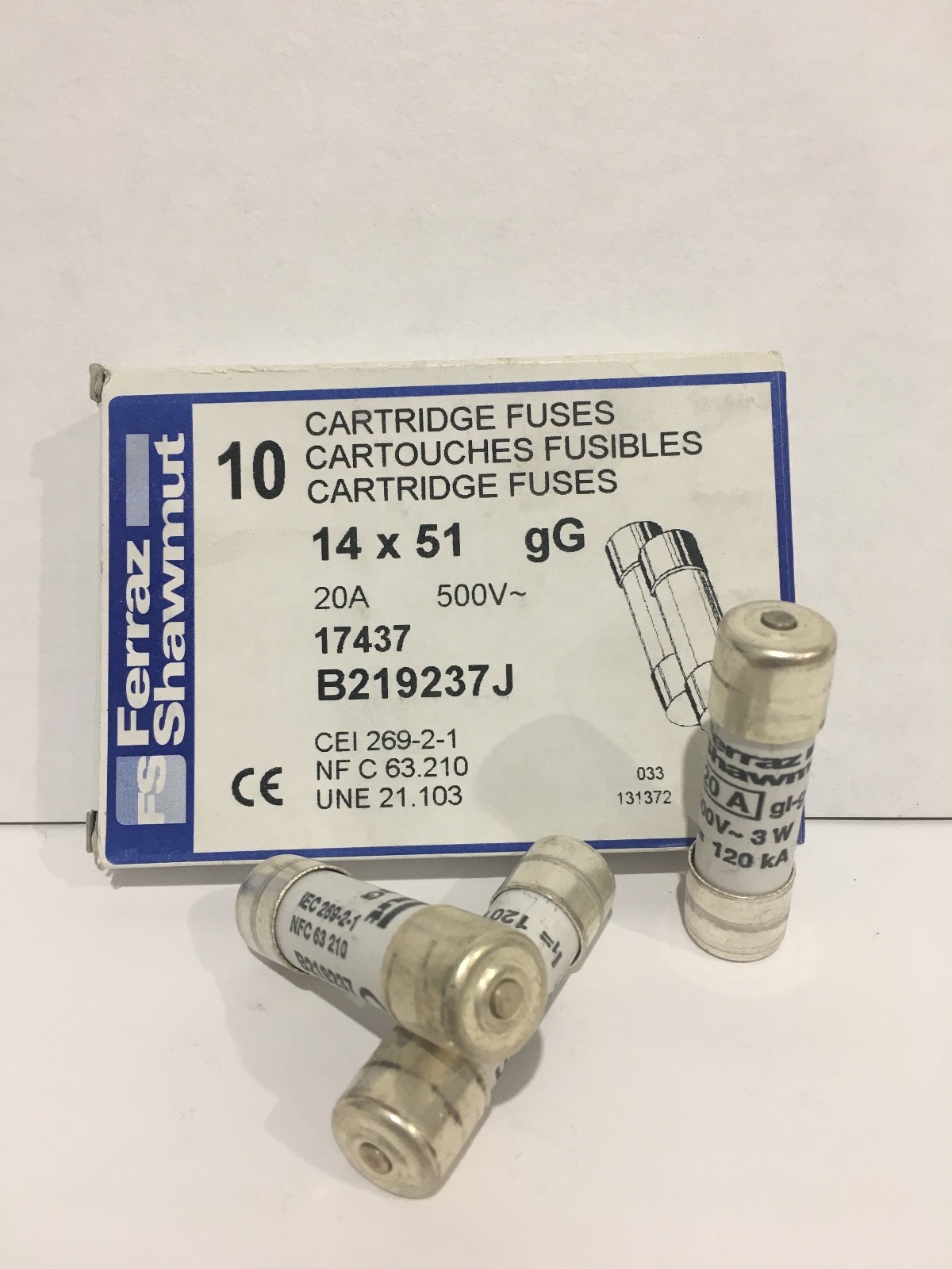 Ferraz Shawmut 14X51 20A 500V gG B219237J with striker, Box with 10 Fuses New