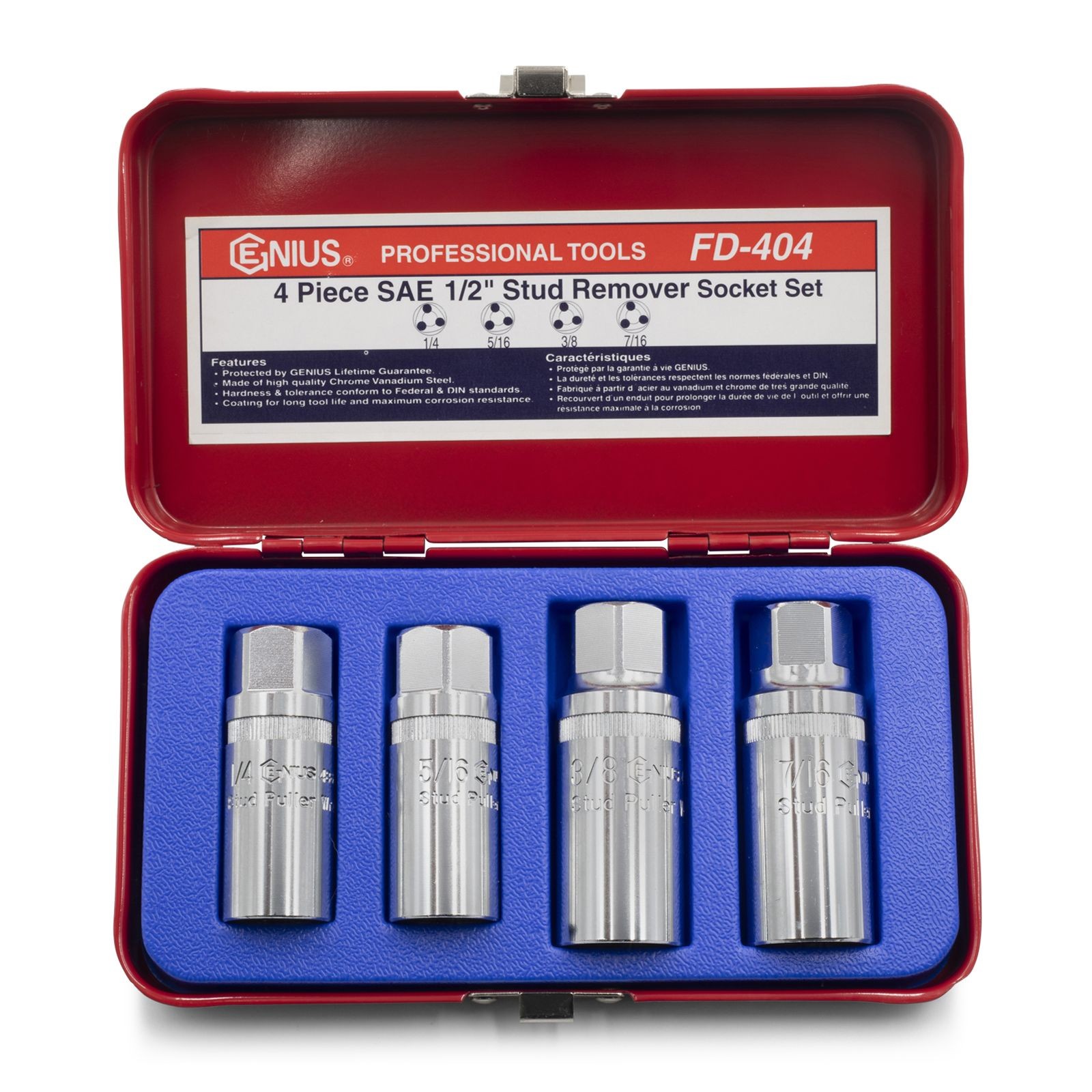 Genius Tools 4 Piece 1/2 Dr. SAE Stud Remover Socket Set - FD-404 Genius Tools 4 Piece 1/2 Dr. SAE Stud Remover Socket Set - FD-404