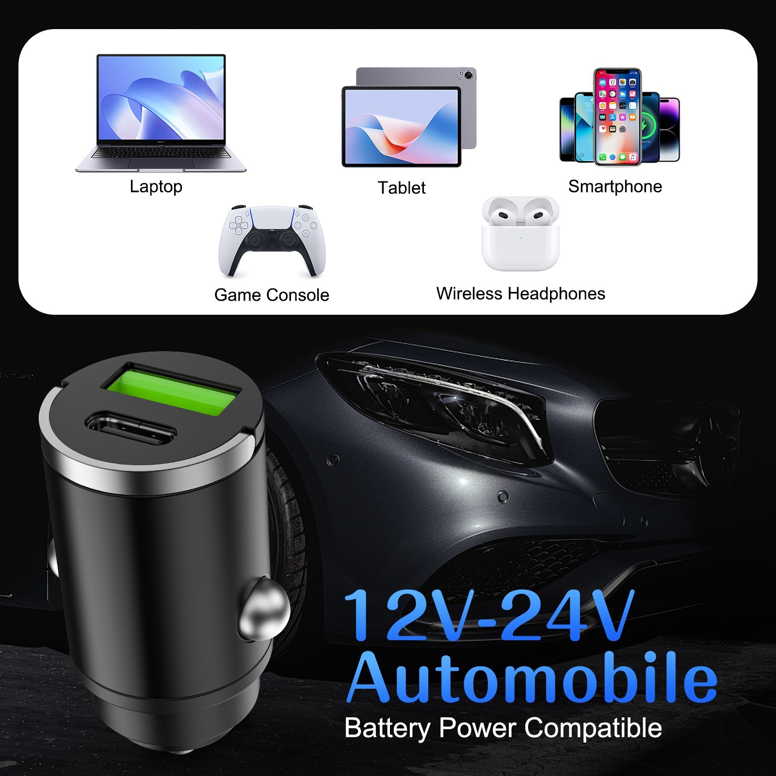 100W Fast Car Charger for iPhone Samsung Laptop, USB-C PD + USB-A QC 100W Fast Car Charger for iPhone Samsung Laptop, USB-C PD + USB-A QC