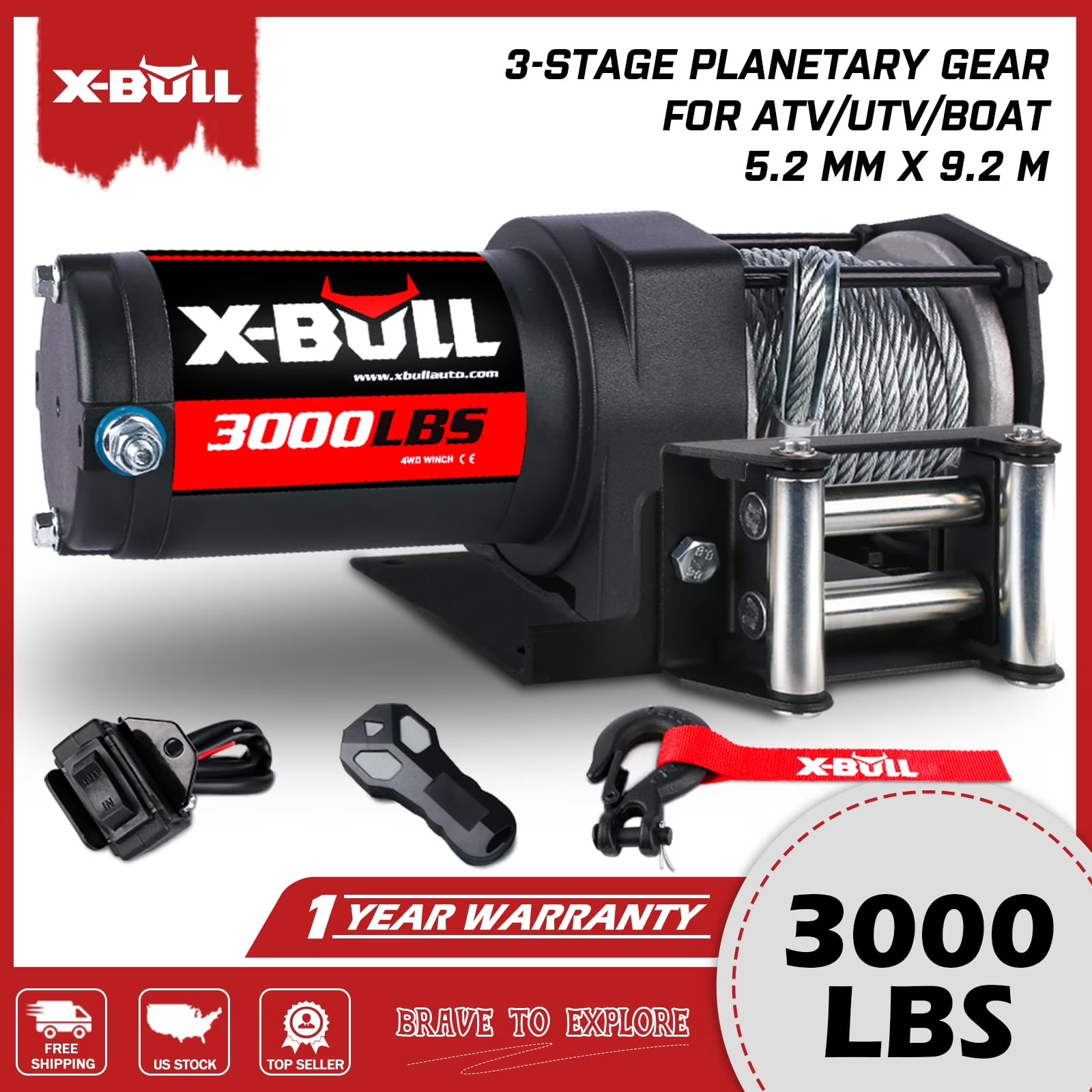 X-BULL USAM-XBEW018 12V Electric Winch 3000LBS Steel Cable Towing ATV/UTV