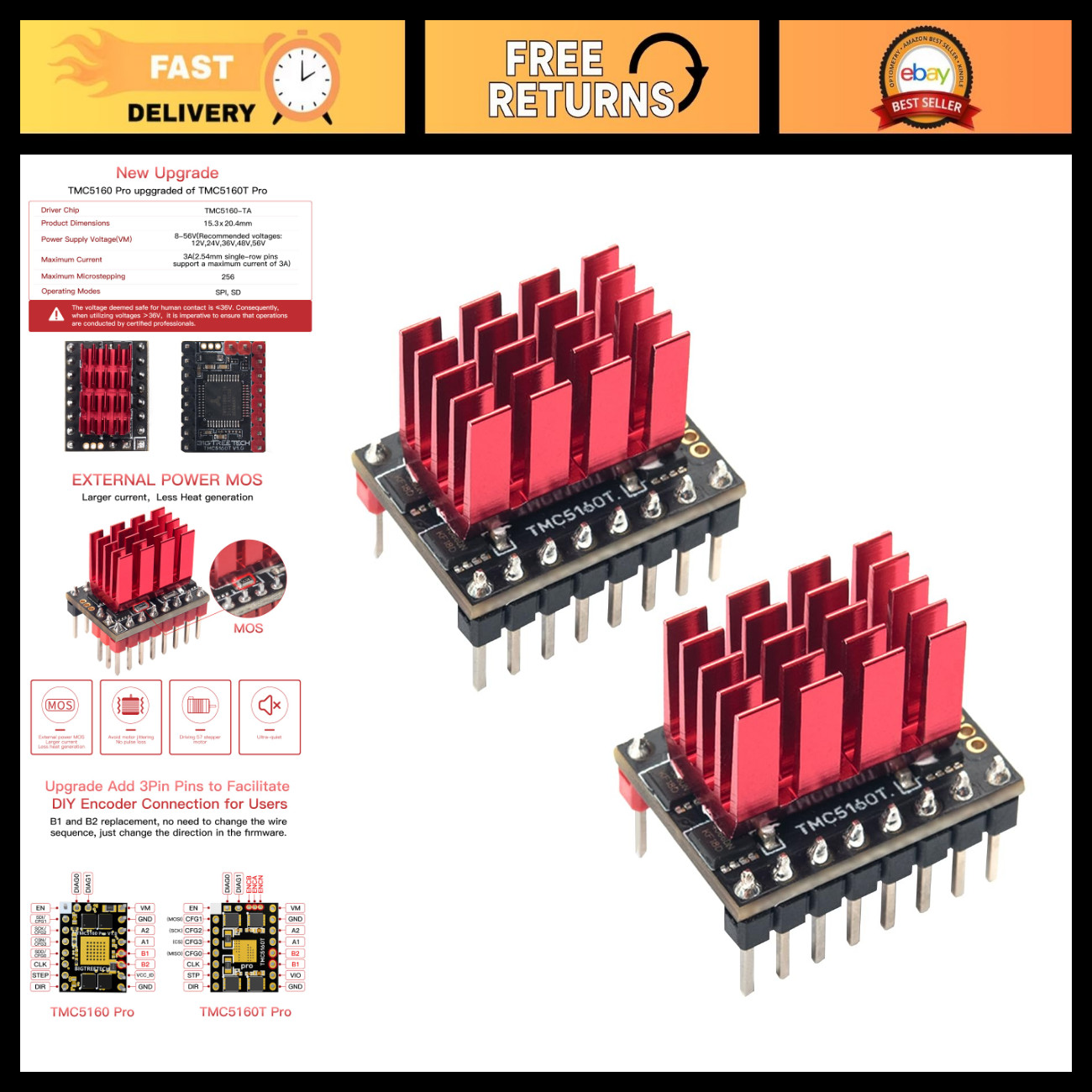Ultra Silent Stepper Motor Drivers TMC5160T Pro V1.0 with Heatsink - High Perfor