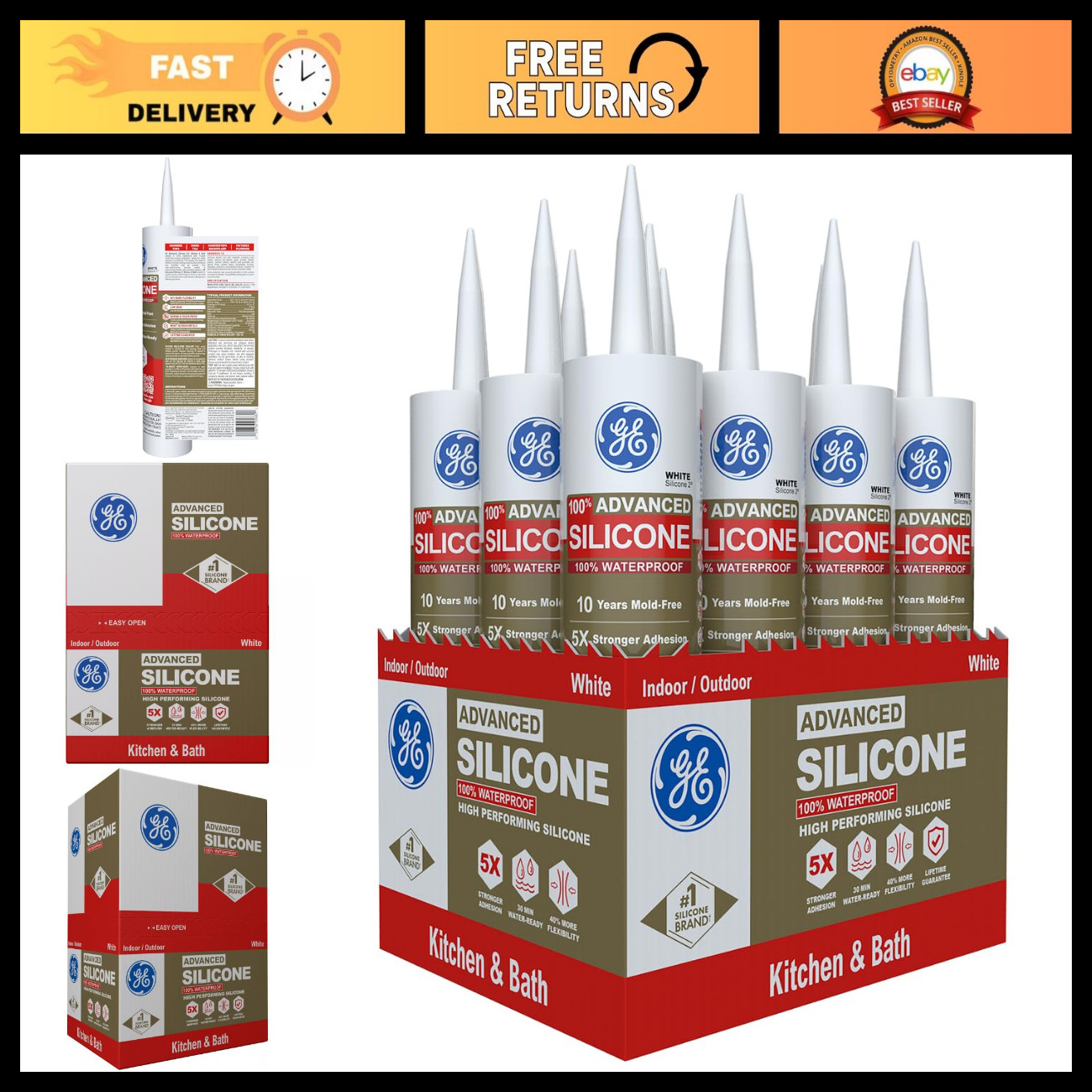 10 Pack White Silicone Caulk for Kitchen & Bath - Waterproof, Mold Resistant, 10