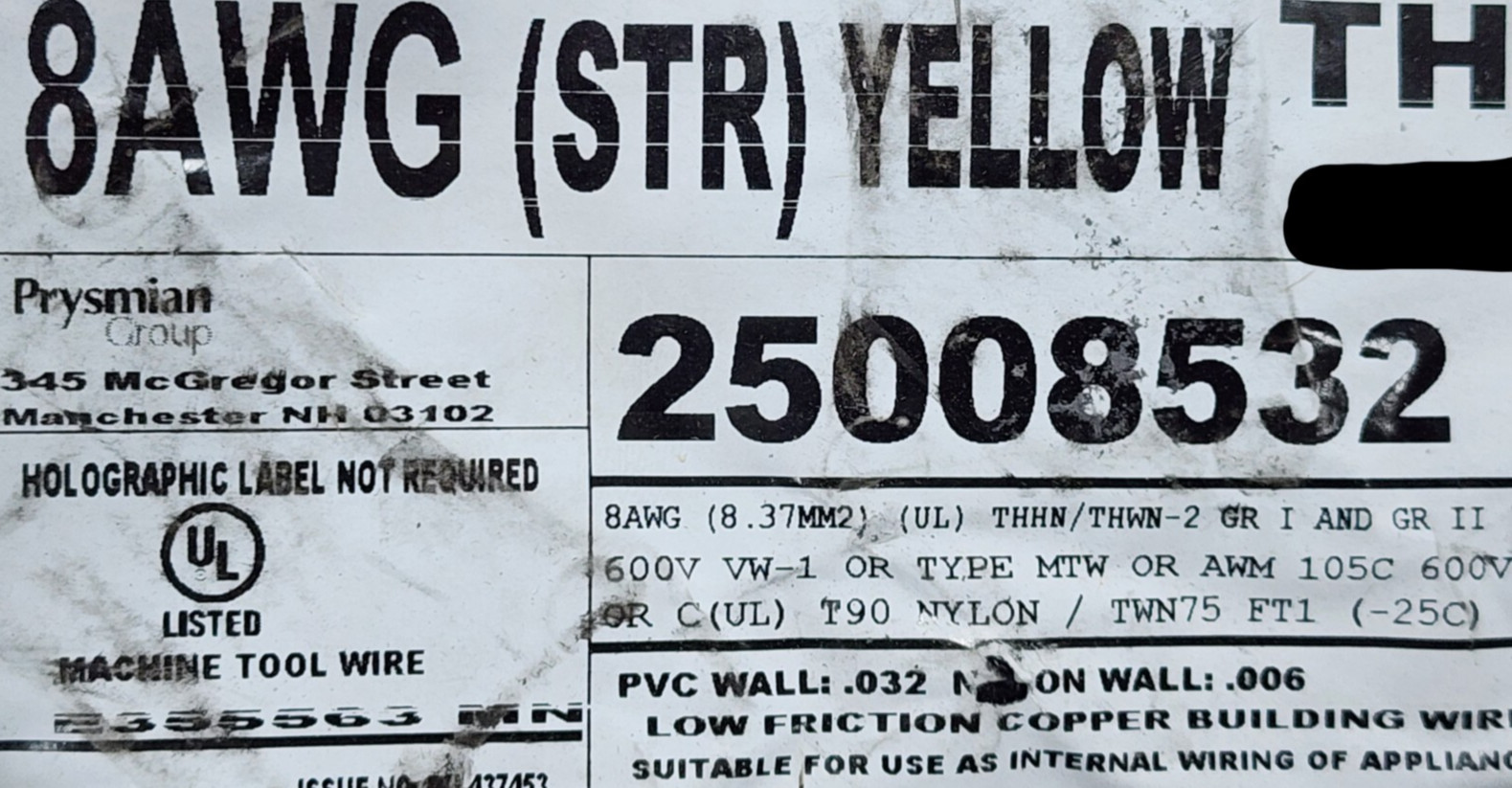 Prysmian/General Cable #8awg 19 Stranded THHN/THWN-2 Building Wire Yellow /50ft Prysmian/General Cable #8awg 19 Stranded THHN/THWN-2 Building Wire Yellow /50ft