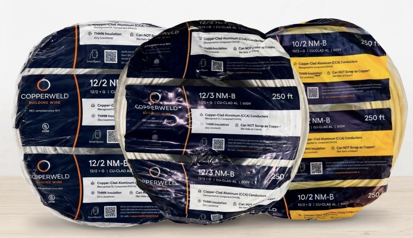 3 Rolls Copperweld NM-B Wire Lot: 12/2, 12/3 & 10/2 Copper-Clad Alum 250ft