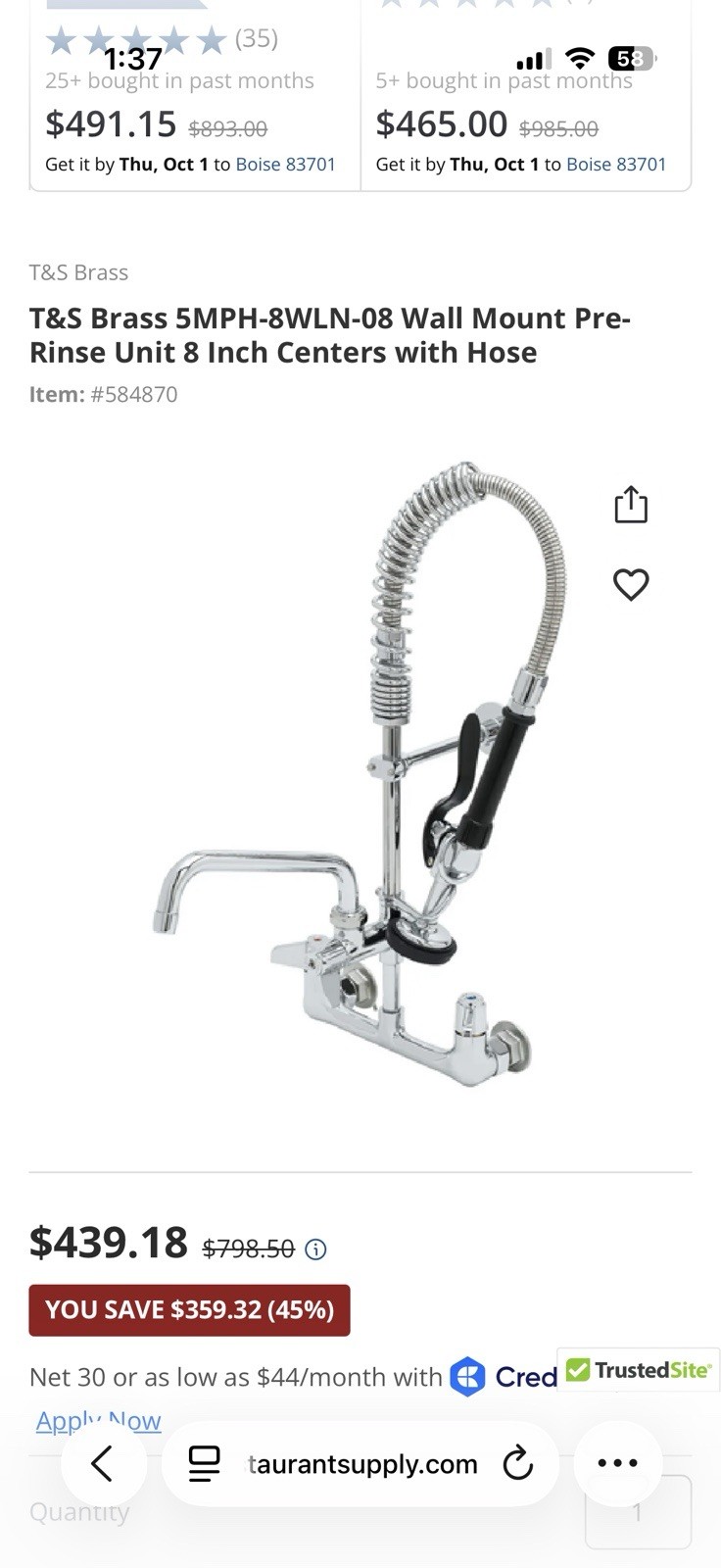 T&S Brass 5MPH-8WLN-08 Wall Mount Pre-Rinse Unit 8 in Centers 1.15 GPM T&S Brass 5MPH-8WLN-08 Wall Mount Pre-Rinse Unit 8 in Centers 1.15 GPM