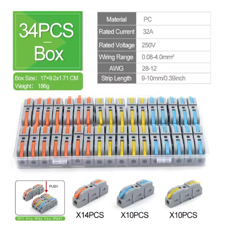 Boxed 34PCS Lever Quick Home Wire Connectors Terminals Conductor Spliceable Butt Boxed 34PCS Lever Quick Home Wire Connectors Terminals Conductor Spliceable Butt