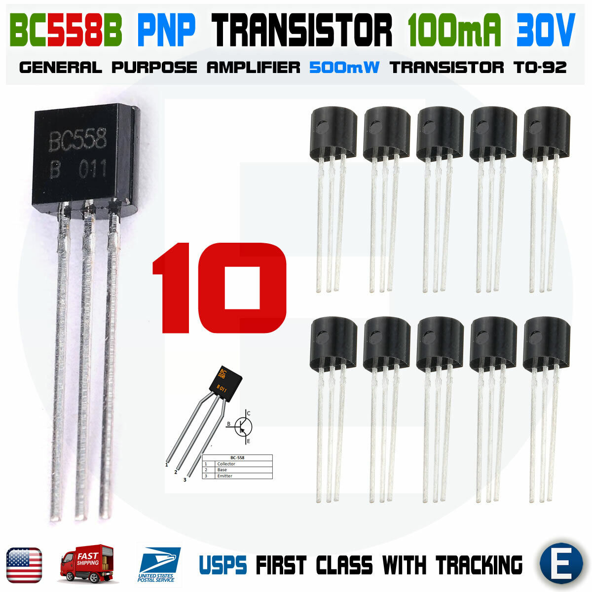 10 x BC558B BC558 Silicon PNP Transistors 30V 100mA 500mW Amplifier TO-92 Case