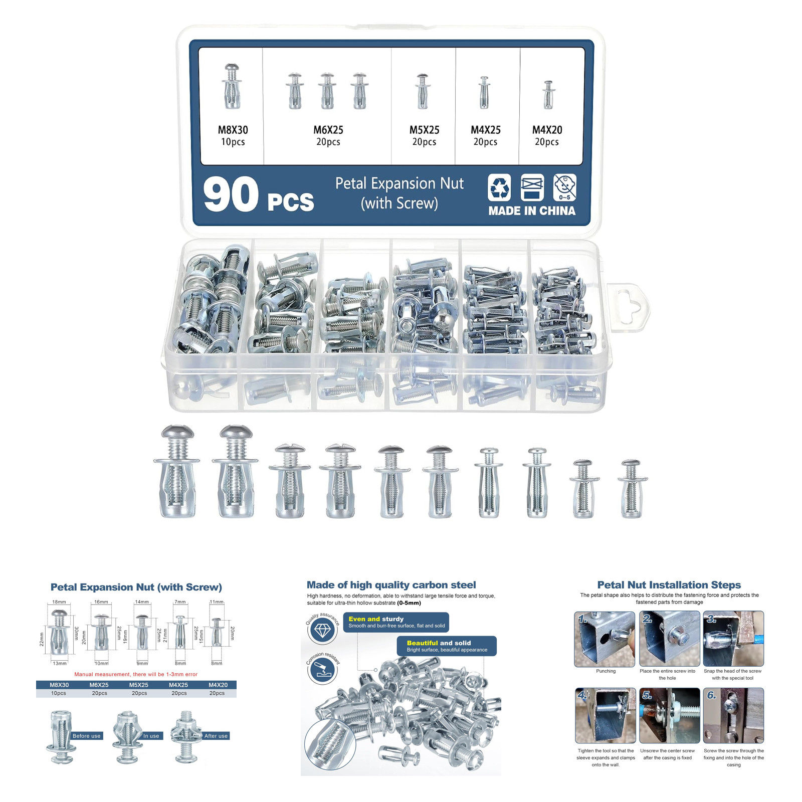 90pcs Jack Nuts Petal Nuts M4 M5 M6 M8 Expansion Screws Fixings for Thin 90pcs Jack Nuts Petal Nuts M4 M5 M6 M8 Expansion Screws Fixings for Thin