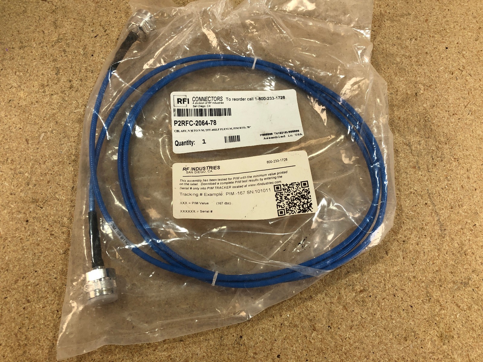 RF Connectors P2RFC-2064-78 N Male to N Male - 78 inchs - PIM Tested *MULTI AVA* RF Connectors P2RFC-2064-78 N Male to N Male - 78 inchs - PIM Tested *MULTI AVA*