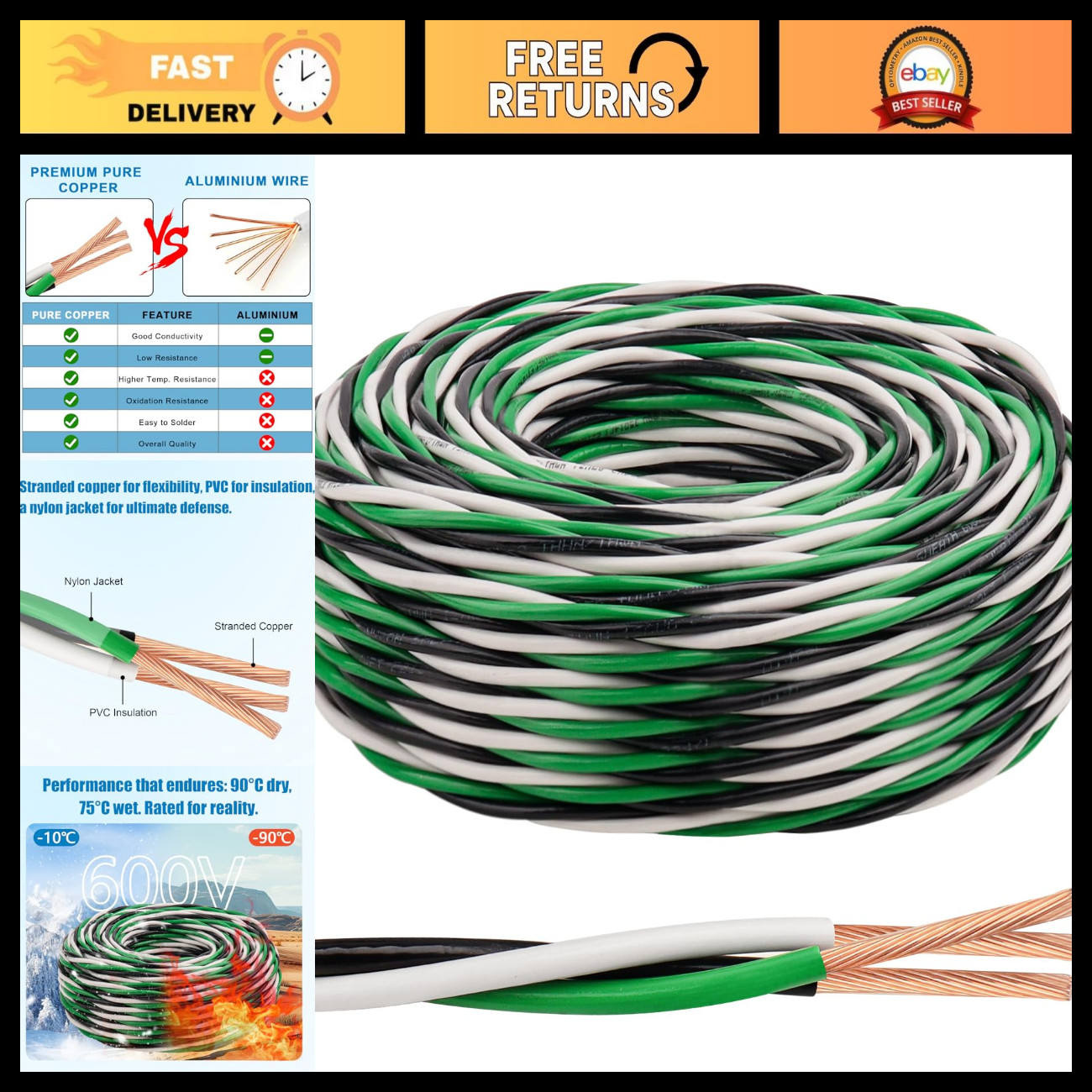 12 AWG 3-Conductor THHN Wire - Stranded Copper, 600V, Nylon Jacket, 50 FT 12 AWG 3-Conductor THHN Wire - Stranded Copper, 600V, Nylon Jacket, 50 FT