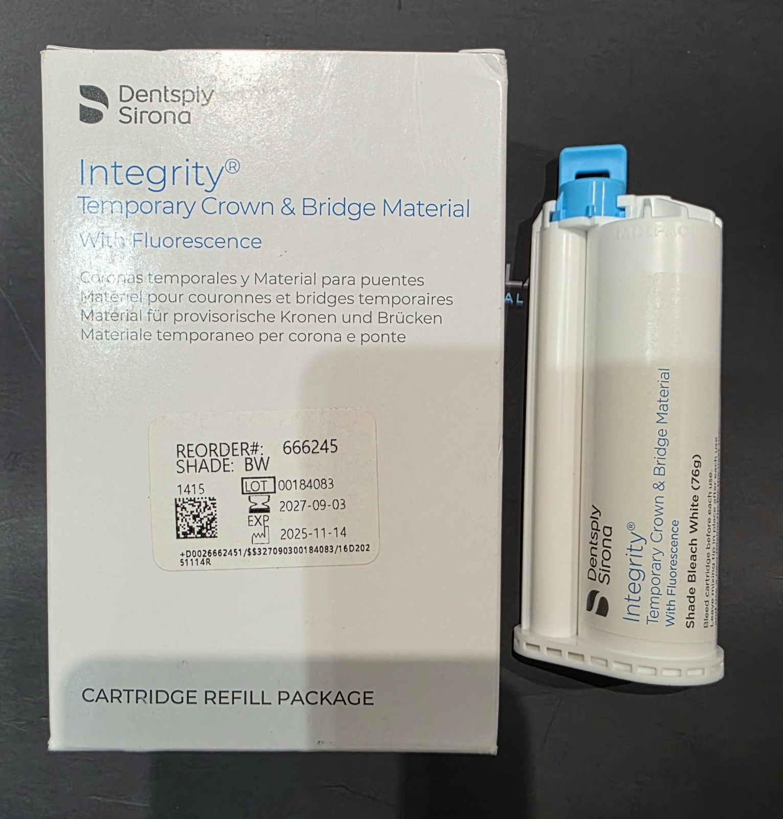 Dentsply 666245 Integrity Temporary C & B Material Cartridge BW 76g EXP 09-2027 Dentsply 666245 Integrity Temporary C & B Material Cartridge BW 76g EXP 09-2027