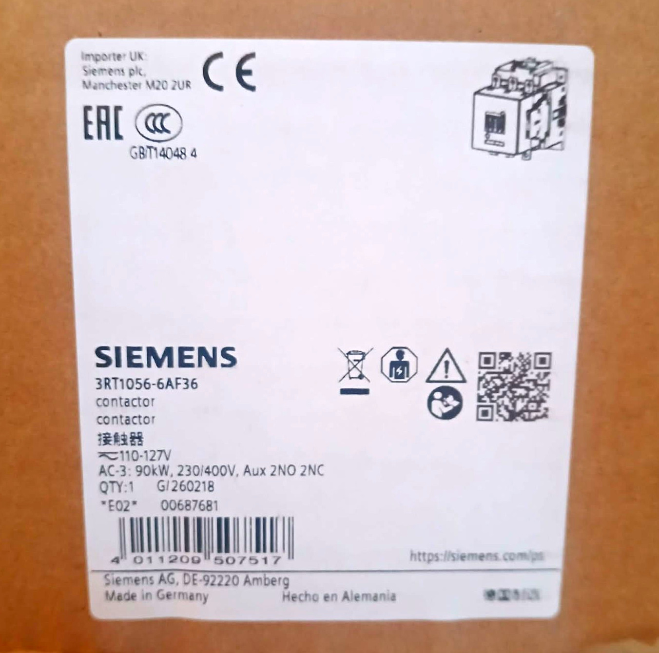 Siemens SIRIUS 3RT1056-6AF36 Contactor 3P 215A AC-3 110-127V Coil Siemens SIRIUS 3RT1056-6AF36 Contactor 3P 215A AC-3 110-127V Coil