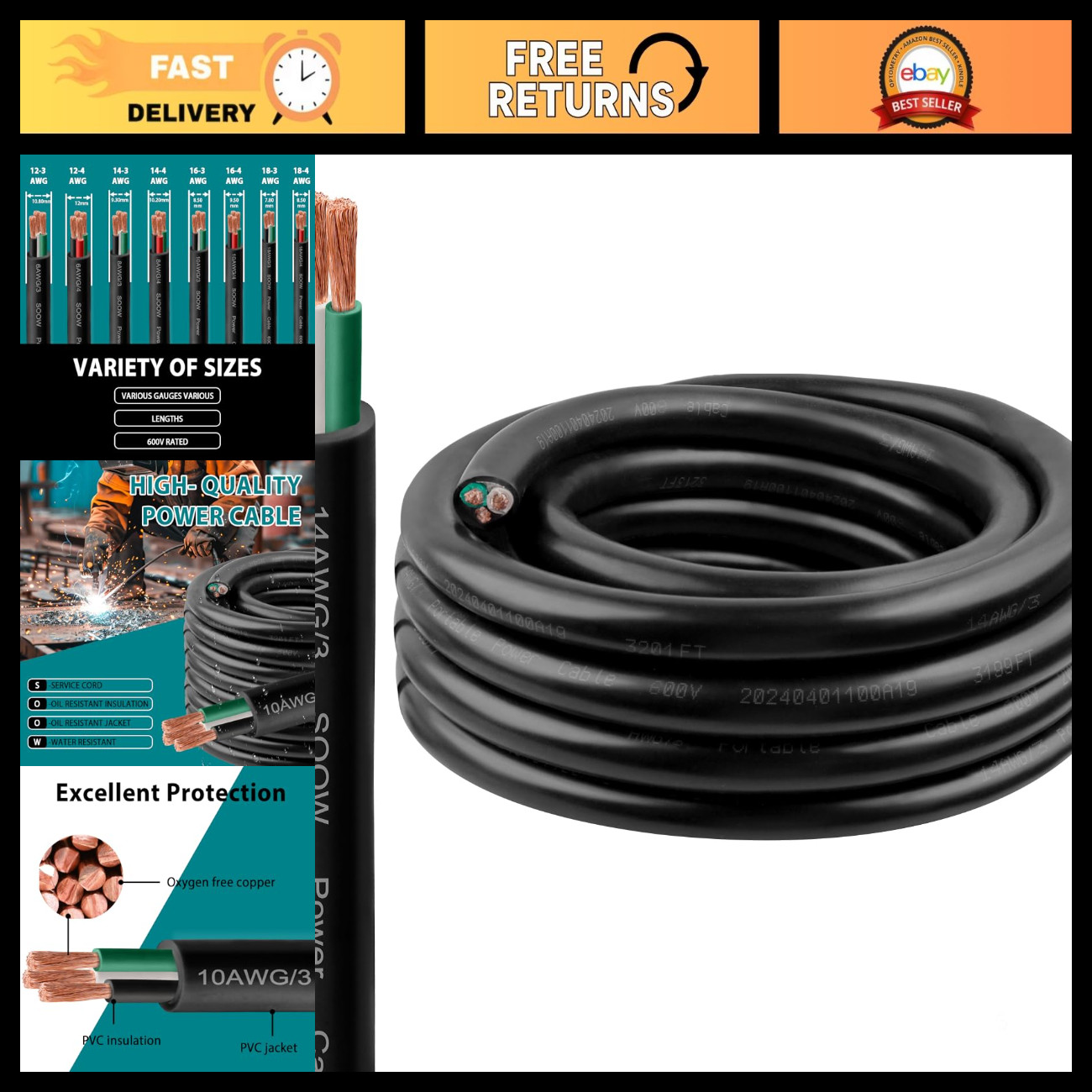 14/3 SOOW 10FT Power Cable, 14 AWG 600V Extension Cord for Welder, Generator, EV 14/3 SOOW 10FT Power Cable, 14 AWG 600V Extension Cord for Welder, Generator, EV