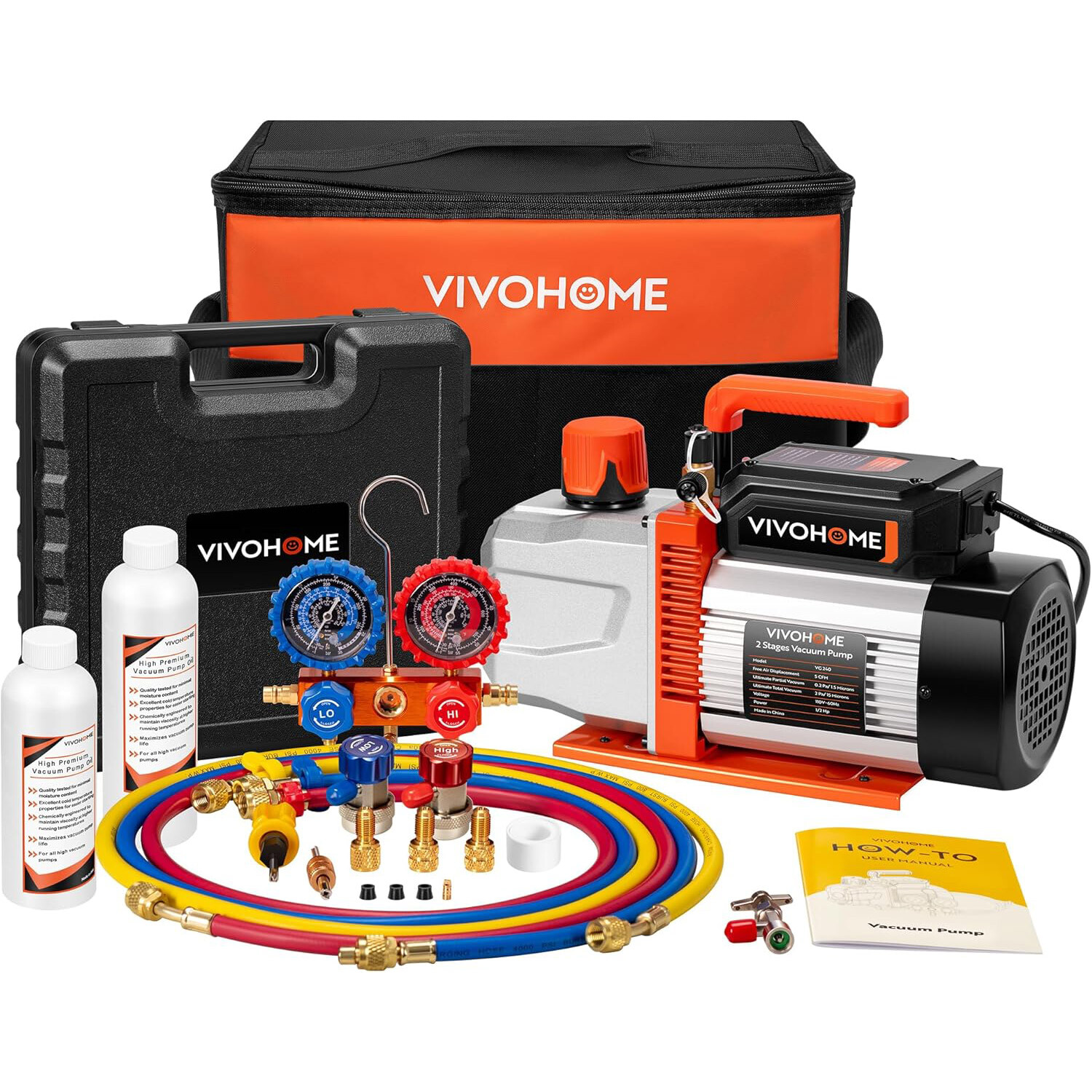 1/2HP 5CFM AC Vacuum Pump 2 Stage & Manifold Gauge Set HVAC AC Refrigerant Kit 1/2HP 5CFM AC Vacuum Pump 2 Stage & Manifold Gauge Set HVAC AC Refrigerant Kit