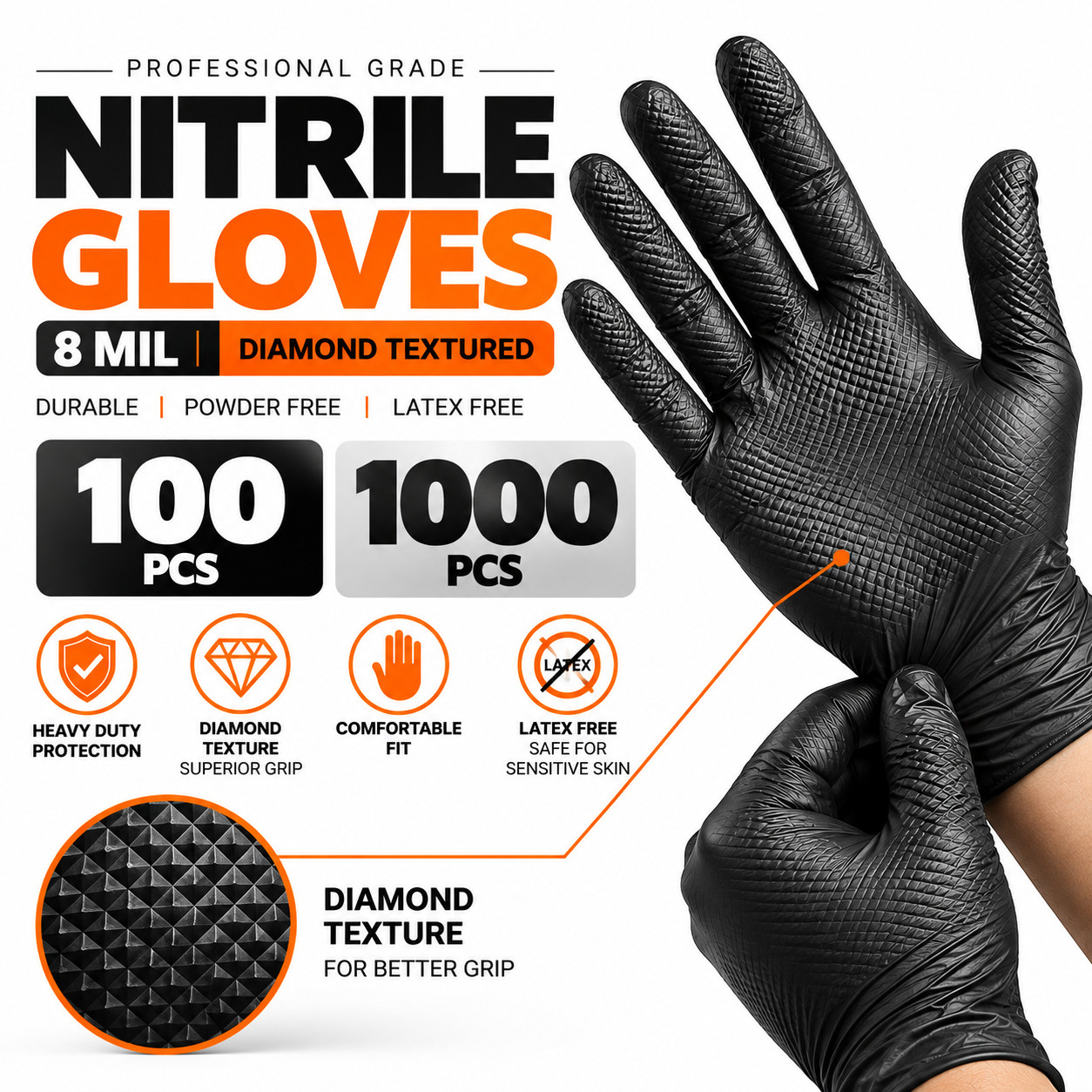 Black/Orange Nitrile Gloves 8 Mil Raised Diamond Textured | Fast Ship Black/Orange Nitrile Gloves 8 Mil Raised Diamond Textured | Fast Ship
