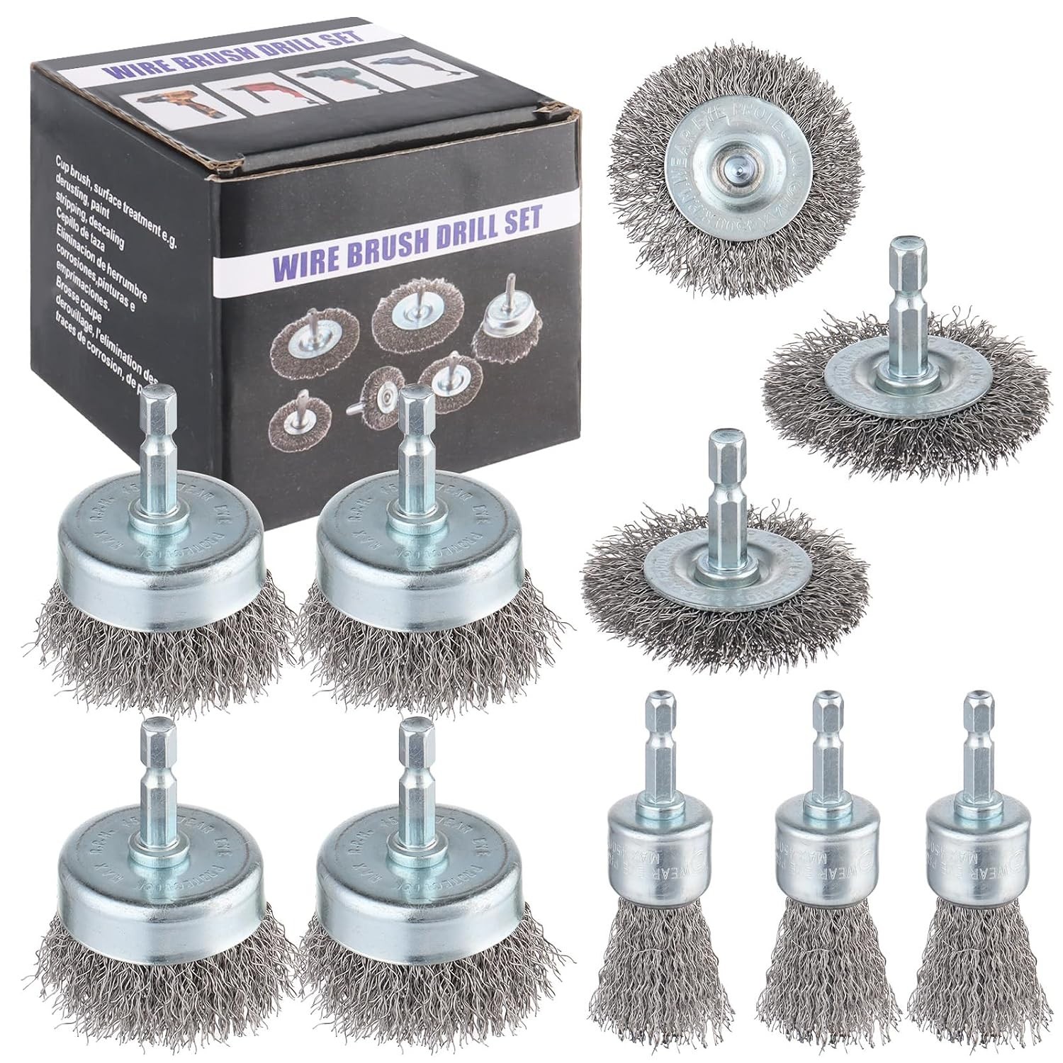 Versatile 10 Pack Carbon Steel Wire Brush Set with 1/4-inch Shank for Drills Versatile 10 Pack Carbon Steel Wire Brush Set with 1/4-inch Shank for Drills