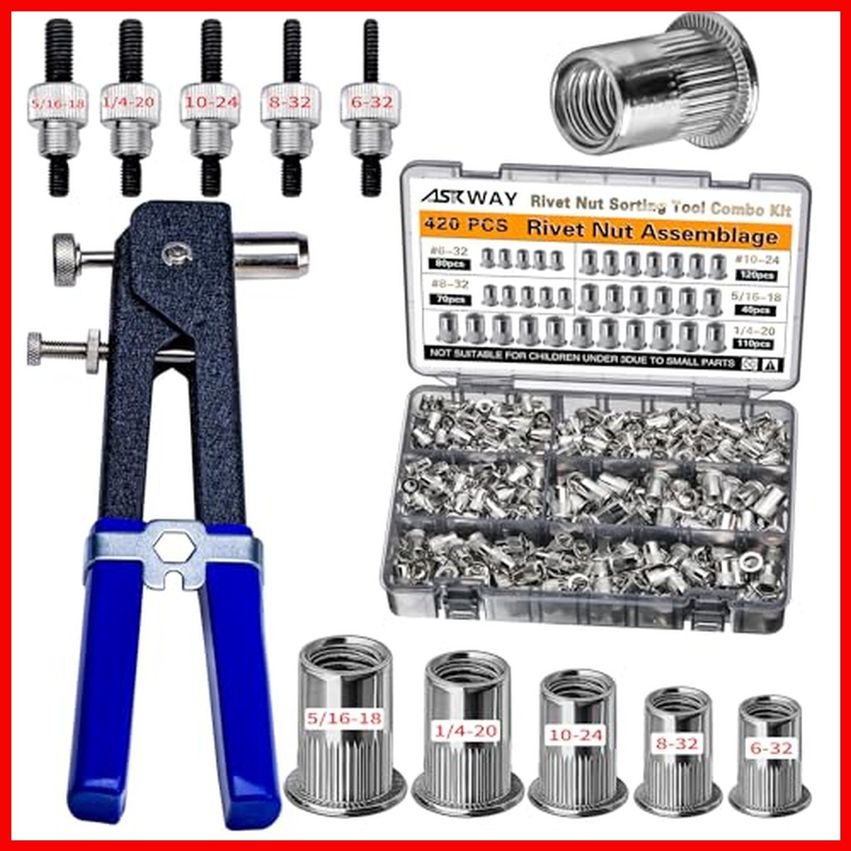ASKWAY SAE Rivet Nut Tool Kit 420pcs Imperial Carbon Steel