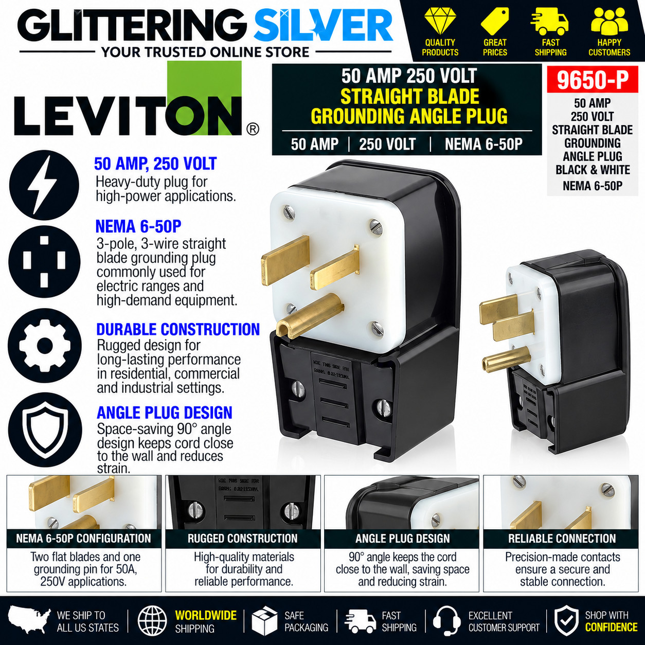 Leviton 9650-P 50A 250V NEMA 6-50P Straight Blade Grounding Angle Plug Black Leviton 9650-P 50A 250V NEMA 6-50P Straight Blade Grounding Angle Plug Black