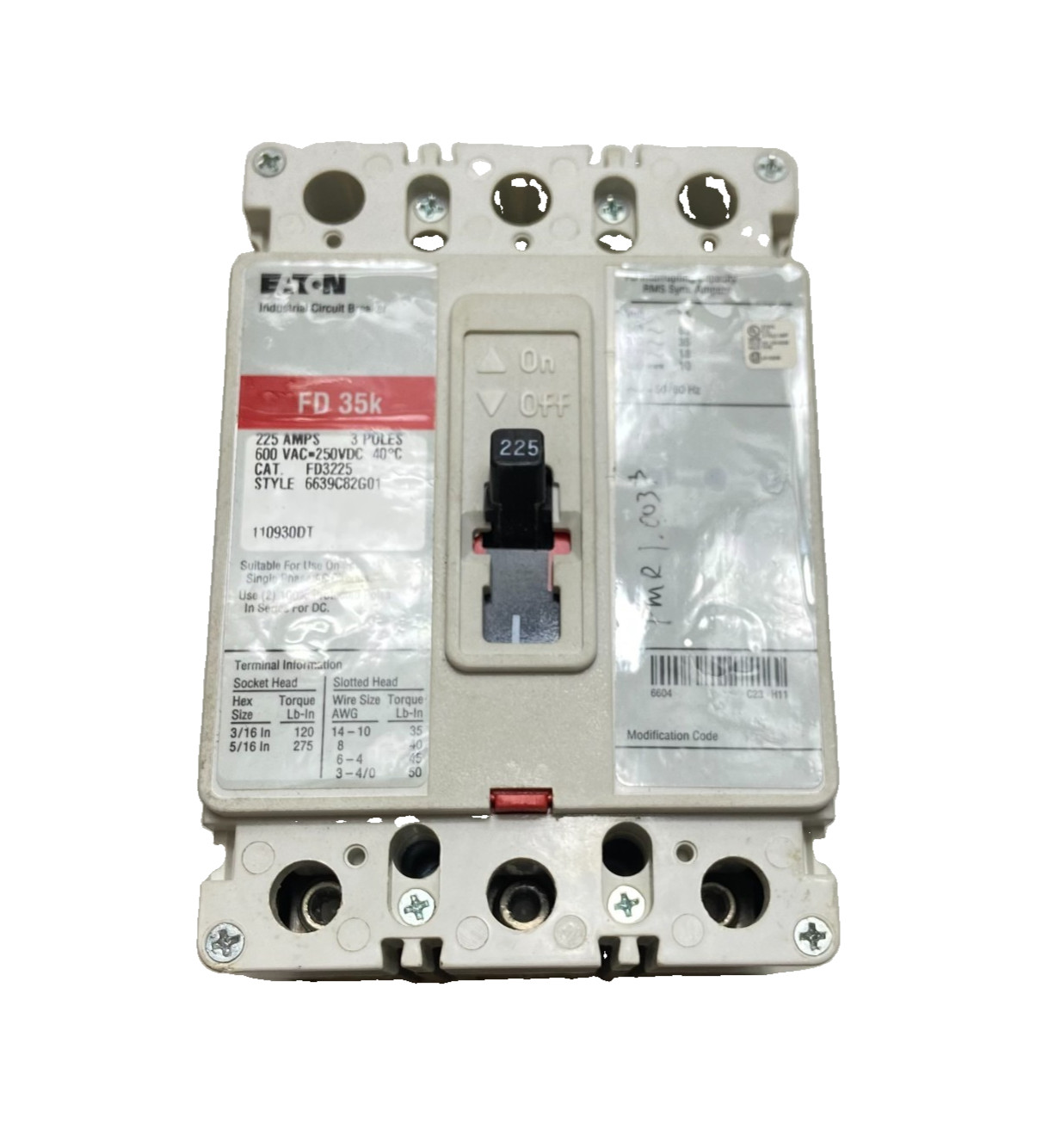 EATON CUTLER HAMMER FD3225 Circuit Breaker 3 Pole 225 Amp 600V EATON CUTLER HAMMER FD3225 Circuit Breaker 3 Pole 225 Amp 600V