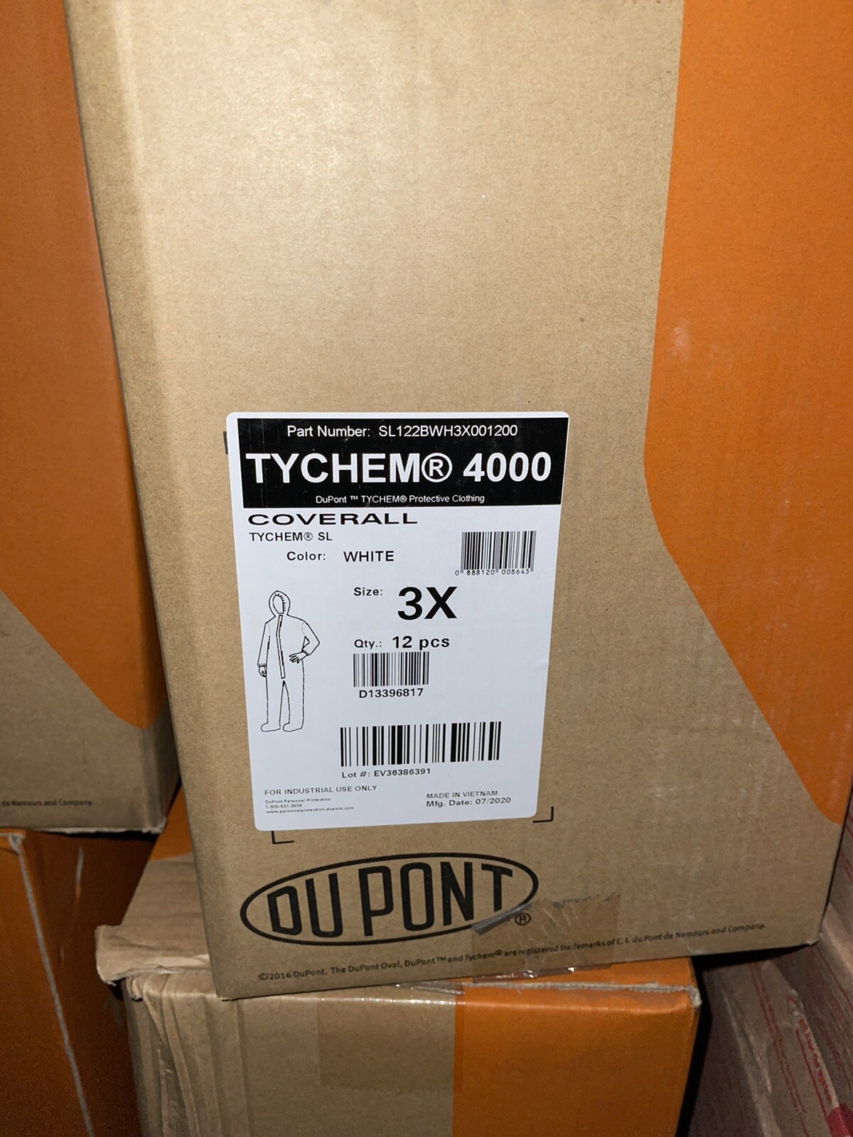 DUPONT TYCHEM 4000 SL COVERALL SIZE 3X, WHITE, 12 PC CASE, SL122BWH3X001200 DUPONT TYCHEM 4000 SL COVERALL SIZE 3X, WHITE, 12 PC CASE, SL122BWH3X001200