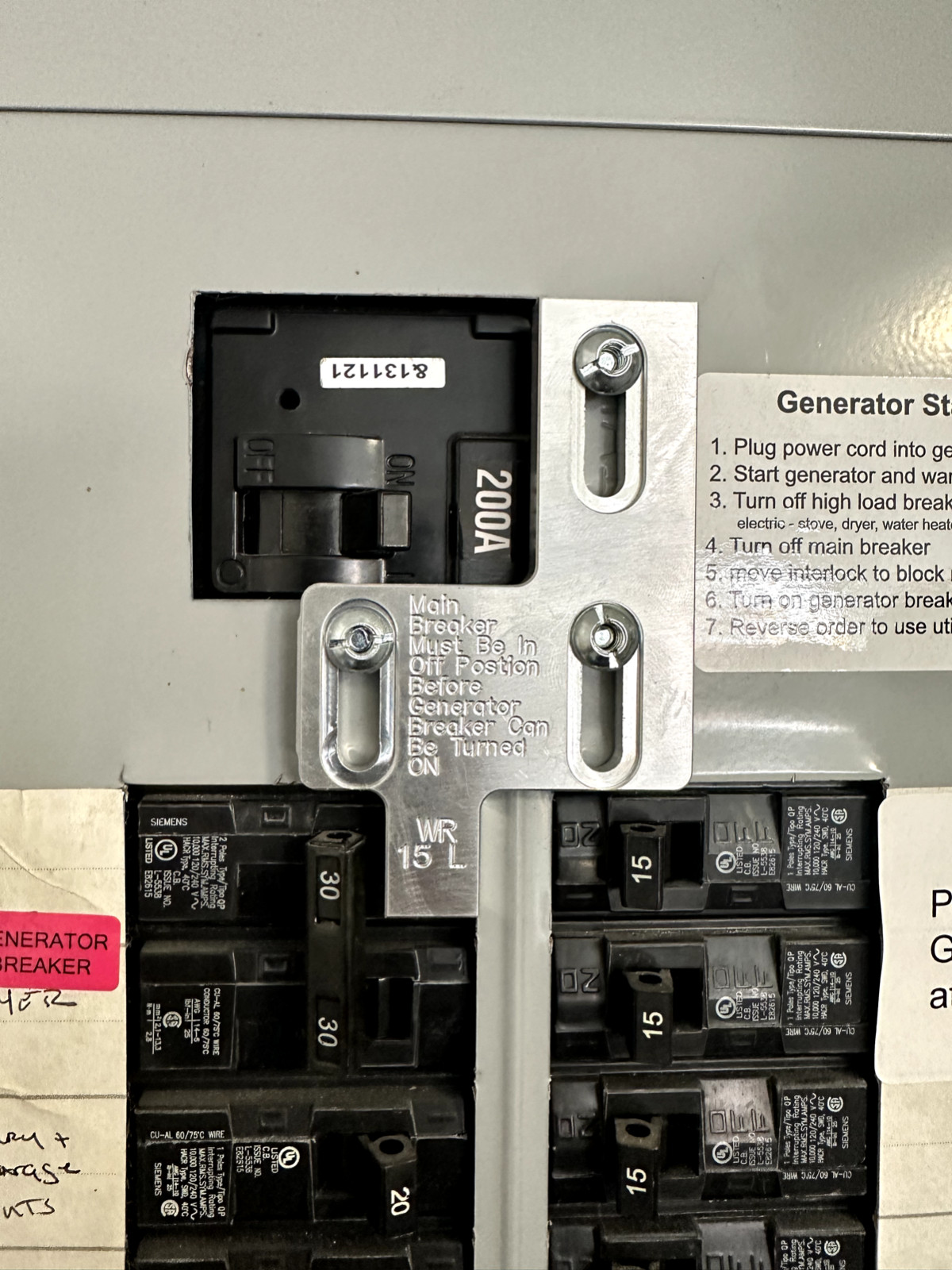 Generator Interlock Kit , Siemens 200 Amp Left generator breaker