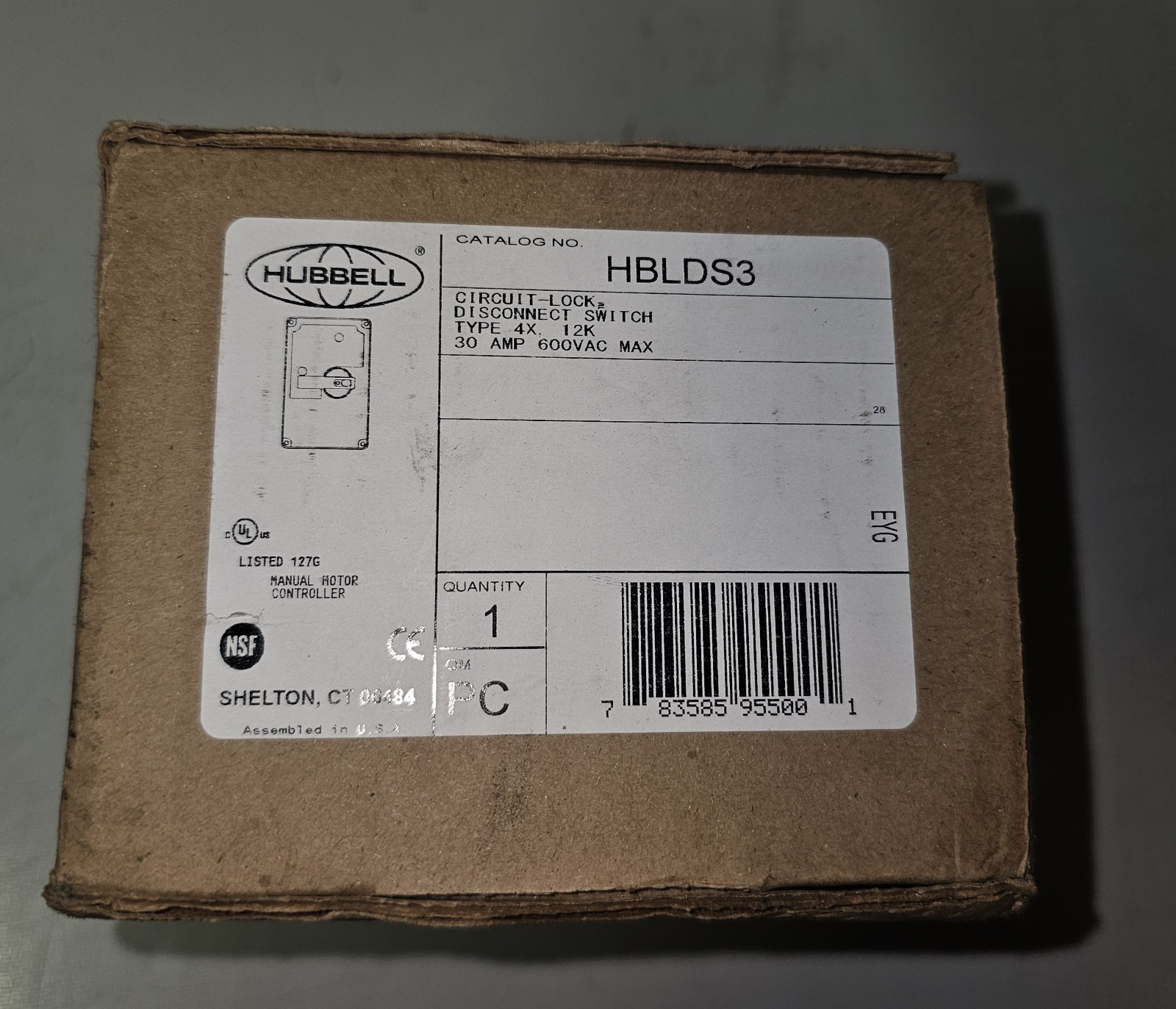 Hubbell HBLDS3 30A 600VAC 3PH Circuit Lock Non Fused Disconnect Switch